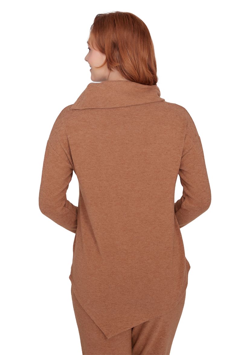 Petite Cowl Neck Solid Hacci Knit Top with Asymmetric Hem