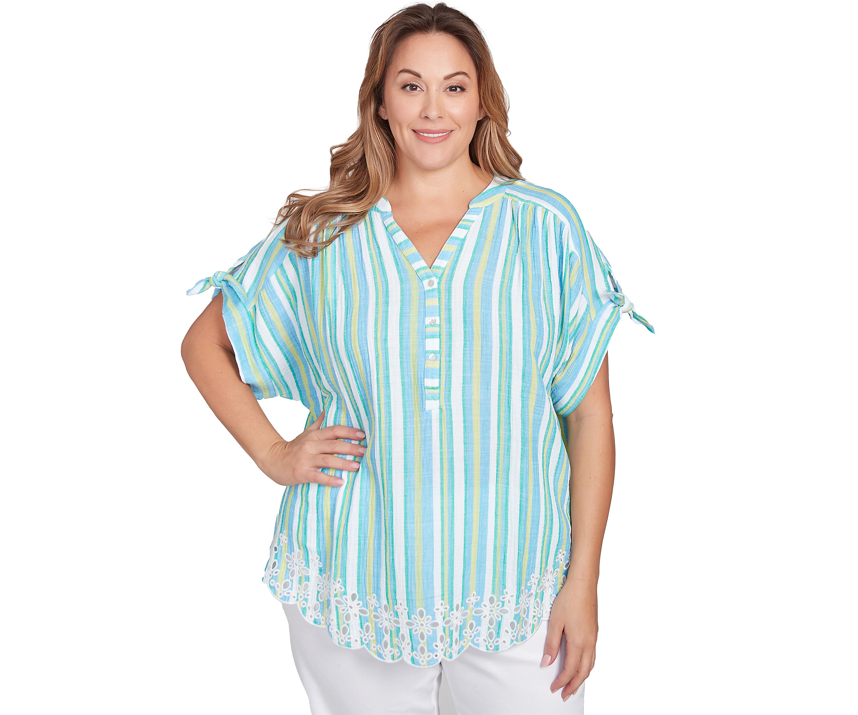 Plus Size Scalloped Stripe Embroidered Tie Sleeve T-Shirt