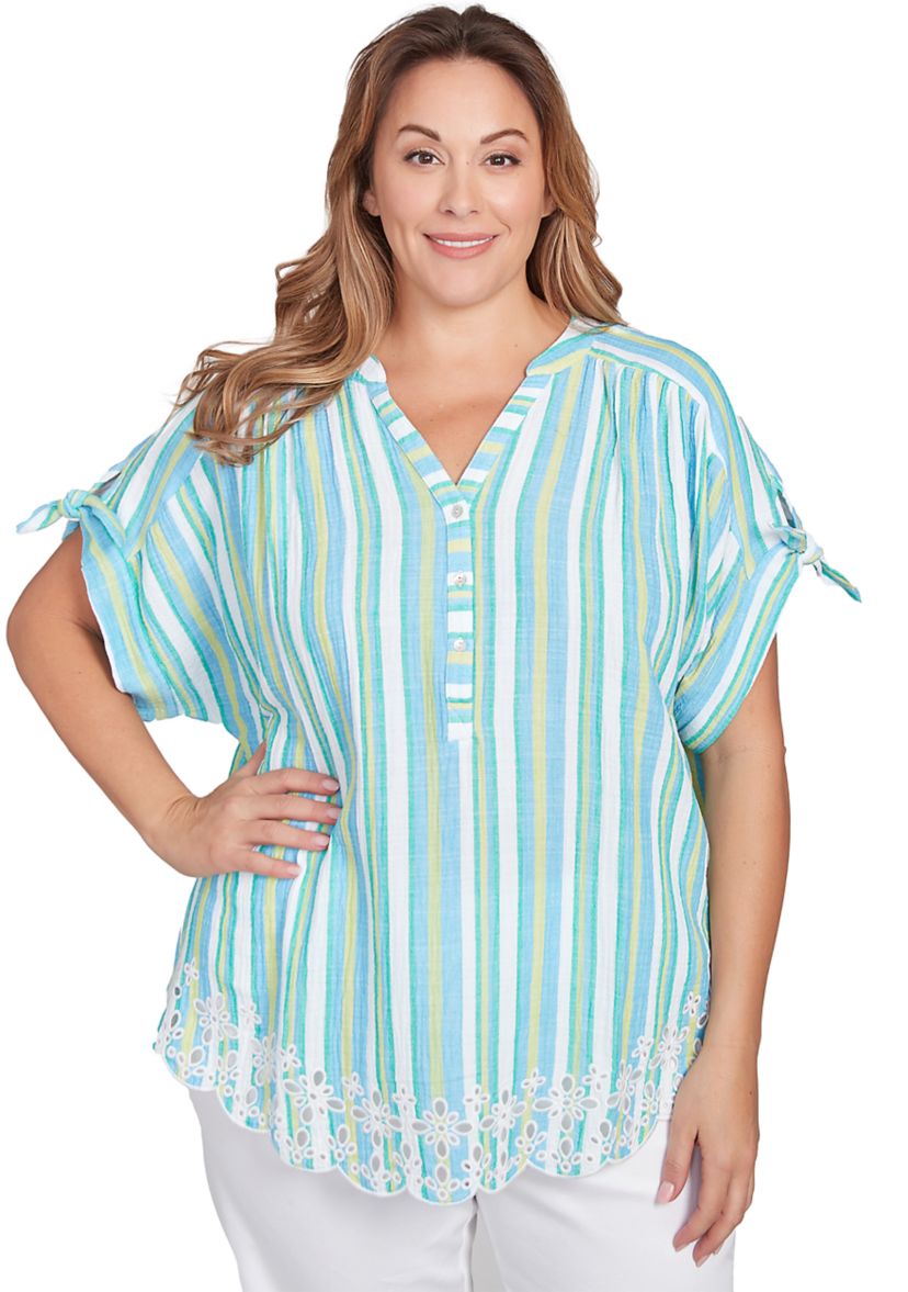 Plus Size Scalloped Stripe Embroidered Tie Sleeve T-Shirt