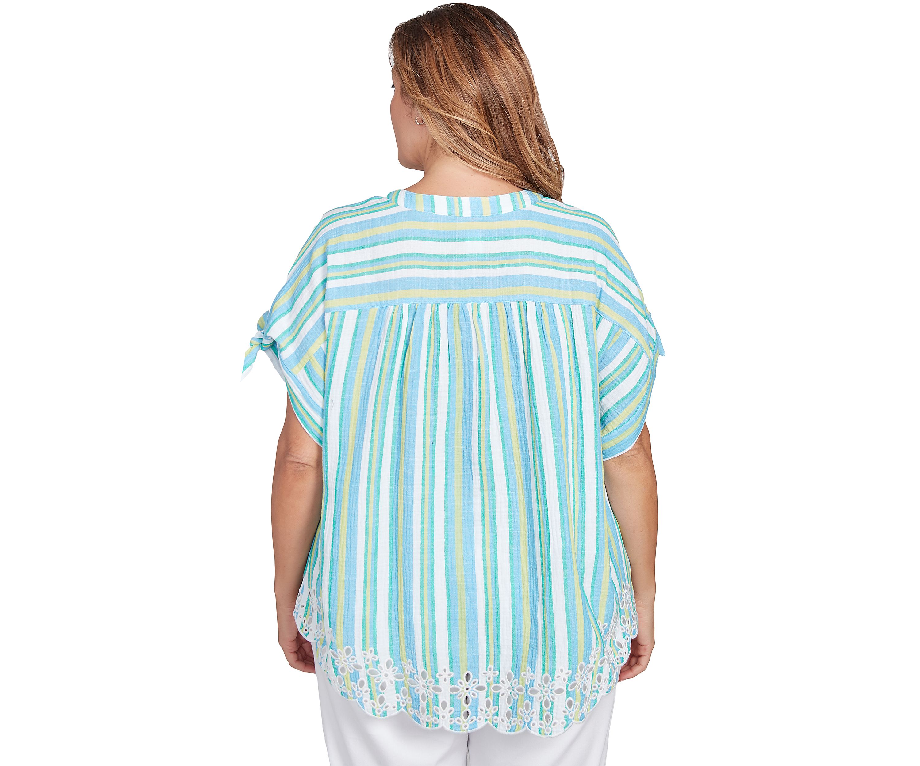 Plus Size Scalloped Stripe Embroidered Tie Sleeve T-Shirt
