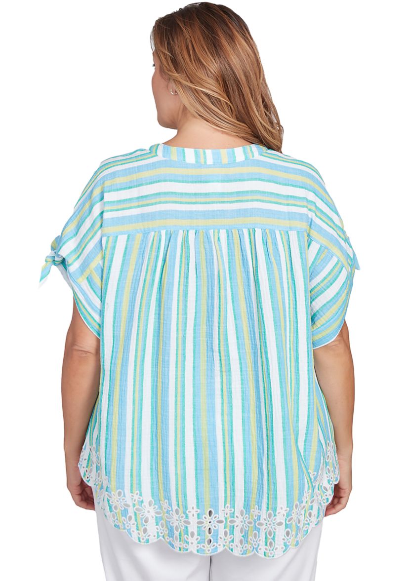 Plus Size Scalloped Stripe Embroidered Tie Sleeve T-Shirt