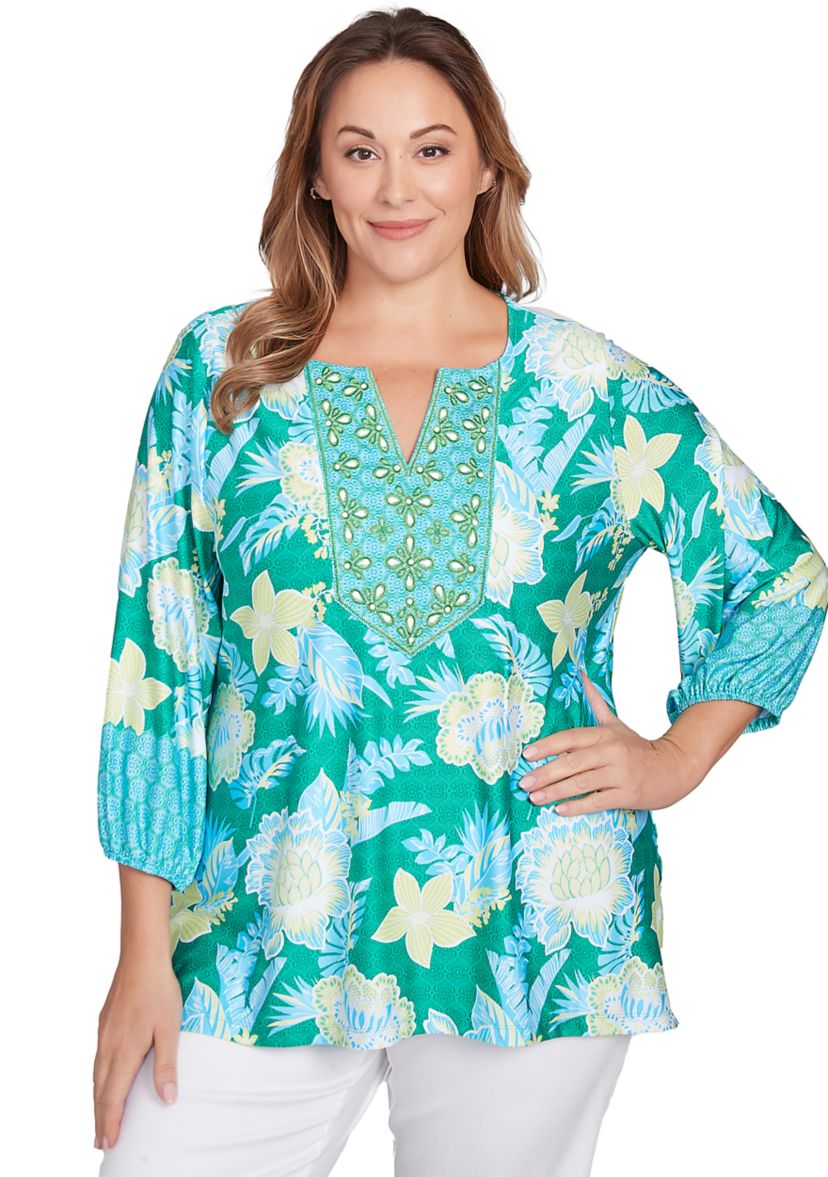 Womens Scoop Neck Embellished Floral Print Knit Top
