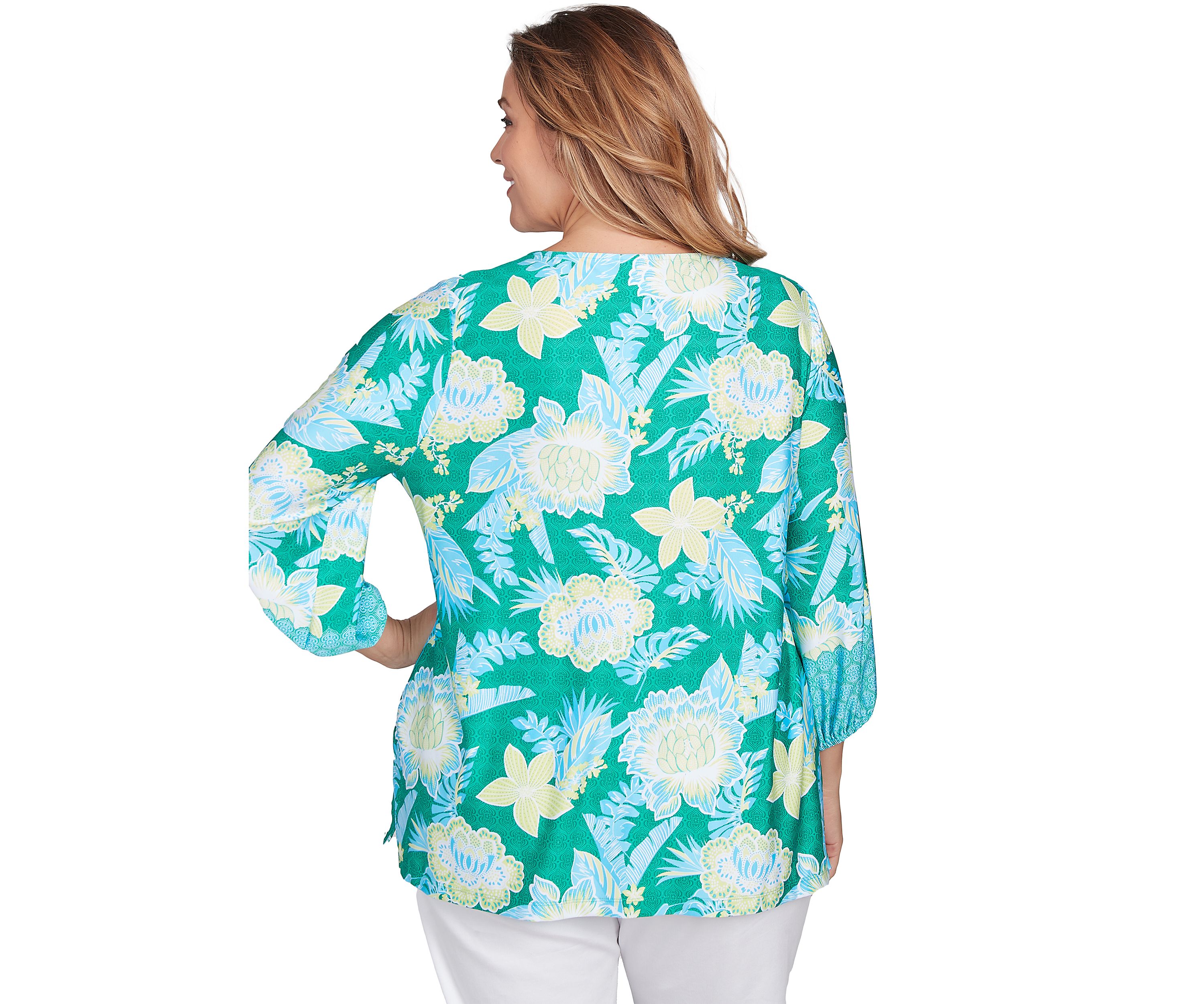 Womens Scoop Neck Embellished Floral Print Knit Top