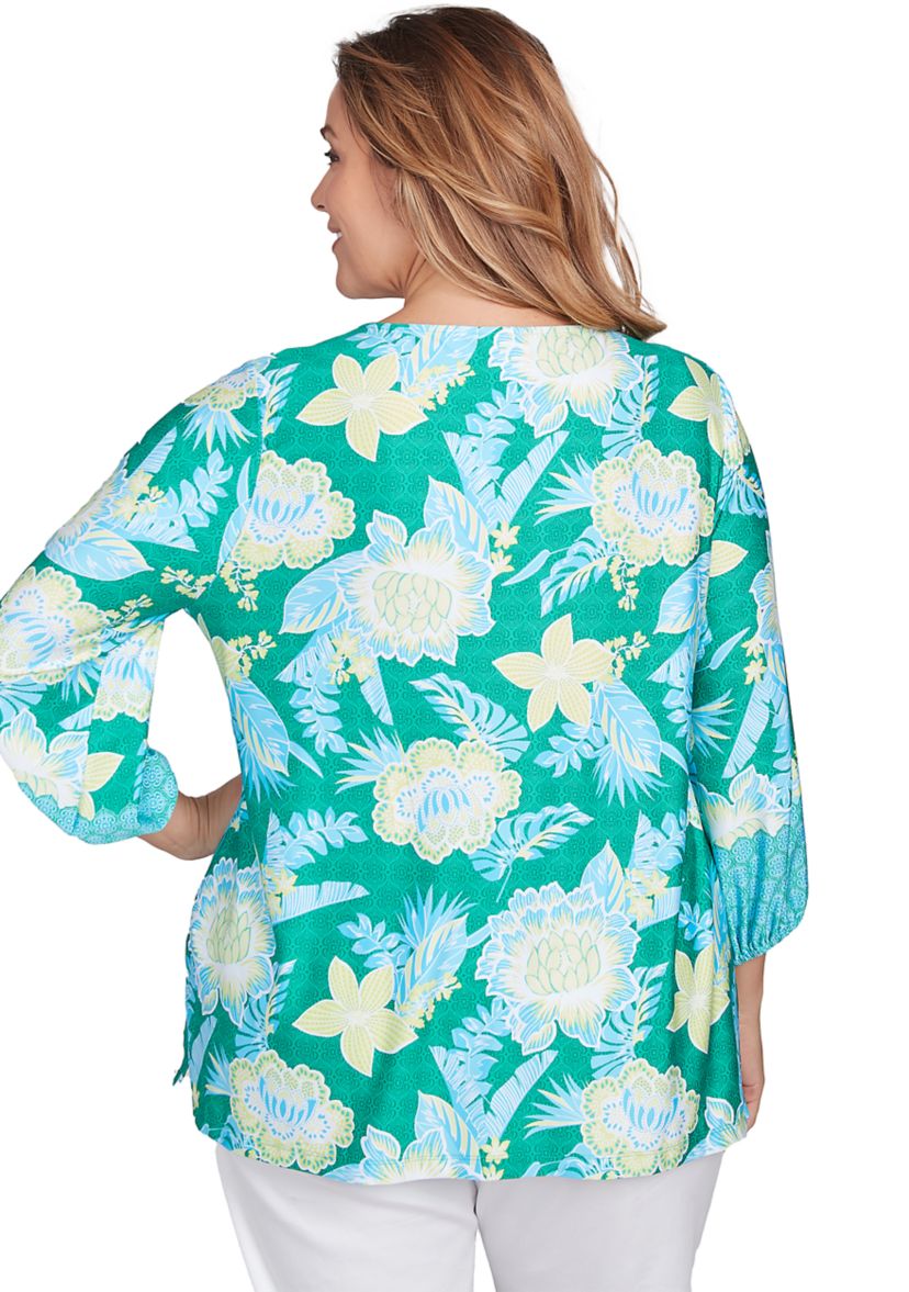 Womens Scoop Neck Embellished Floral Print Knit Top