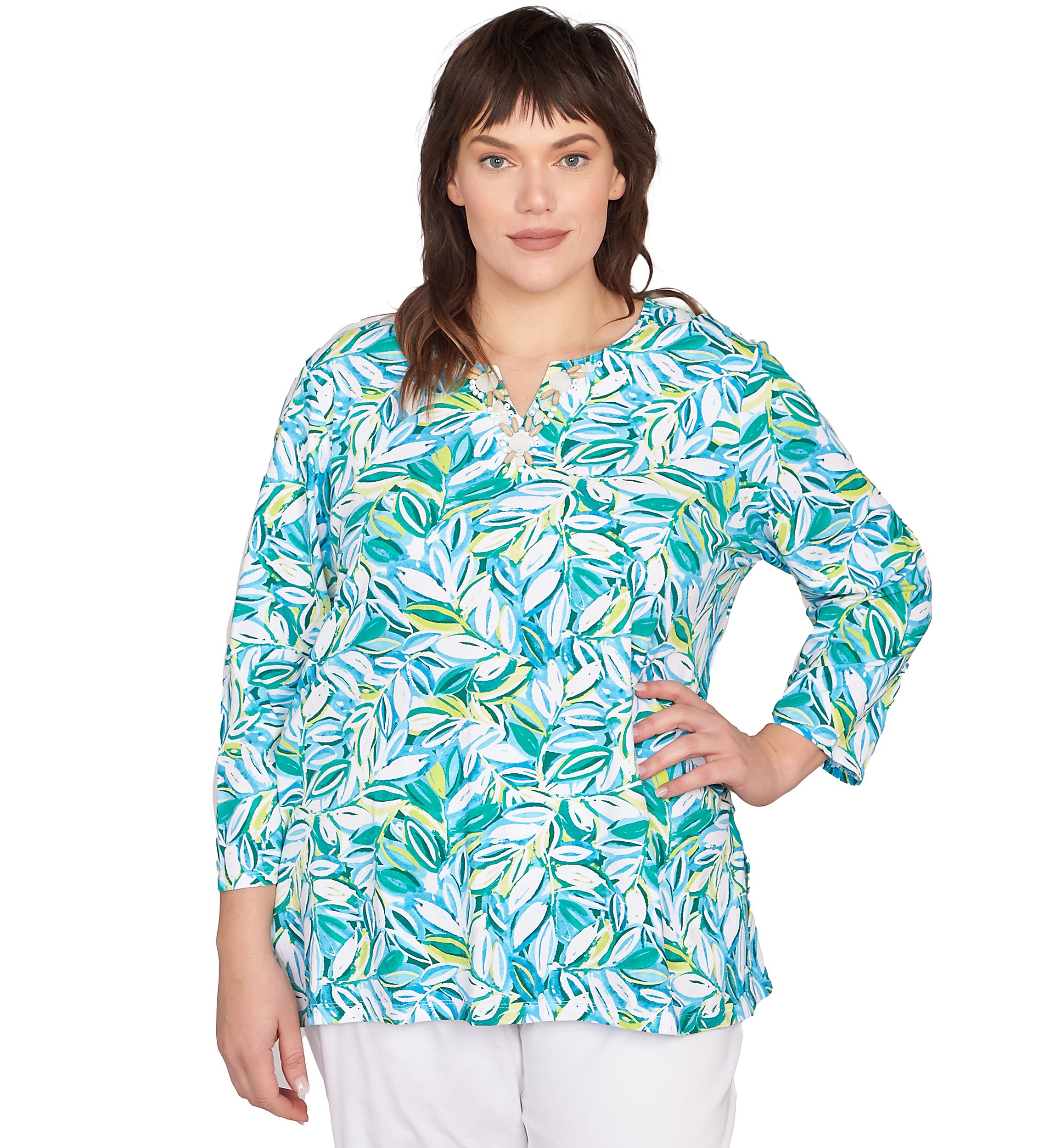 Plus Size Tossed Leaves Embellished Knit Top
