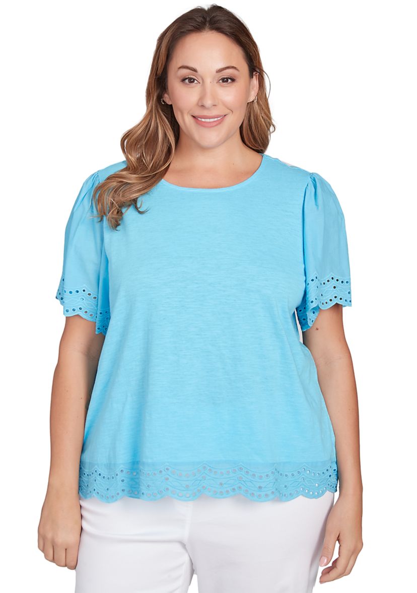 Plus Size Embroidered Sleeve Solid T-Shirt