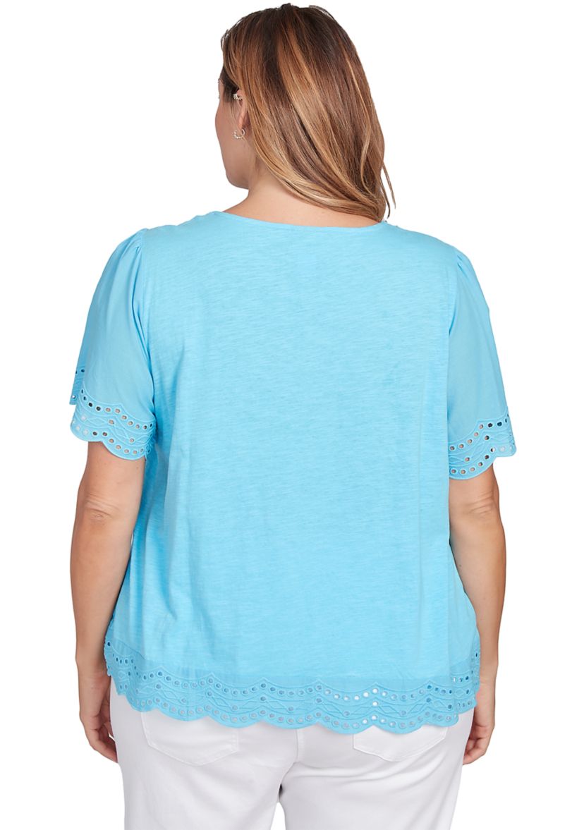 Plus Size Embroidered Sleeve Solid T-Shirt