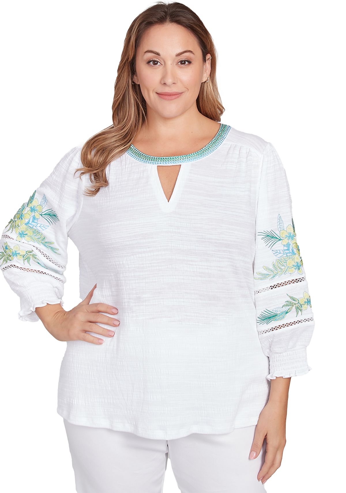 Plus Size Solid Embroidered Textured Knit Top