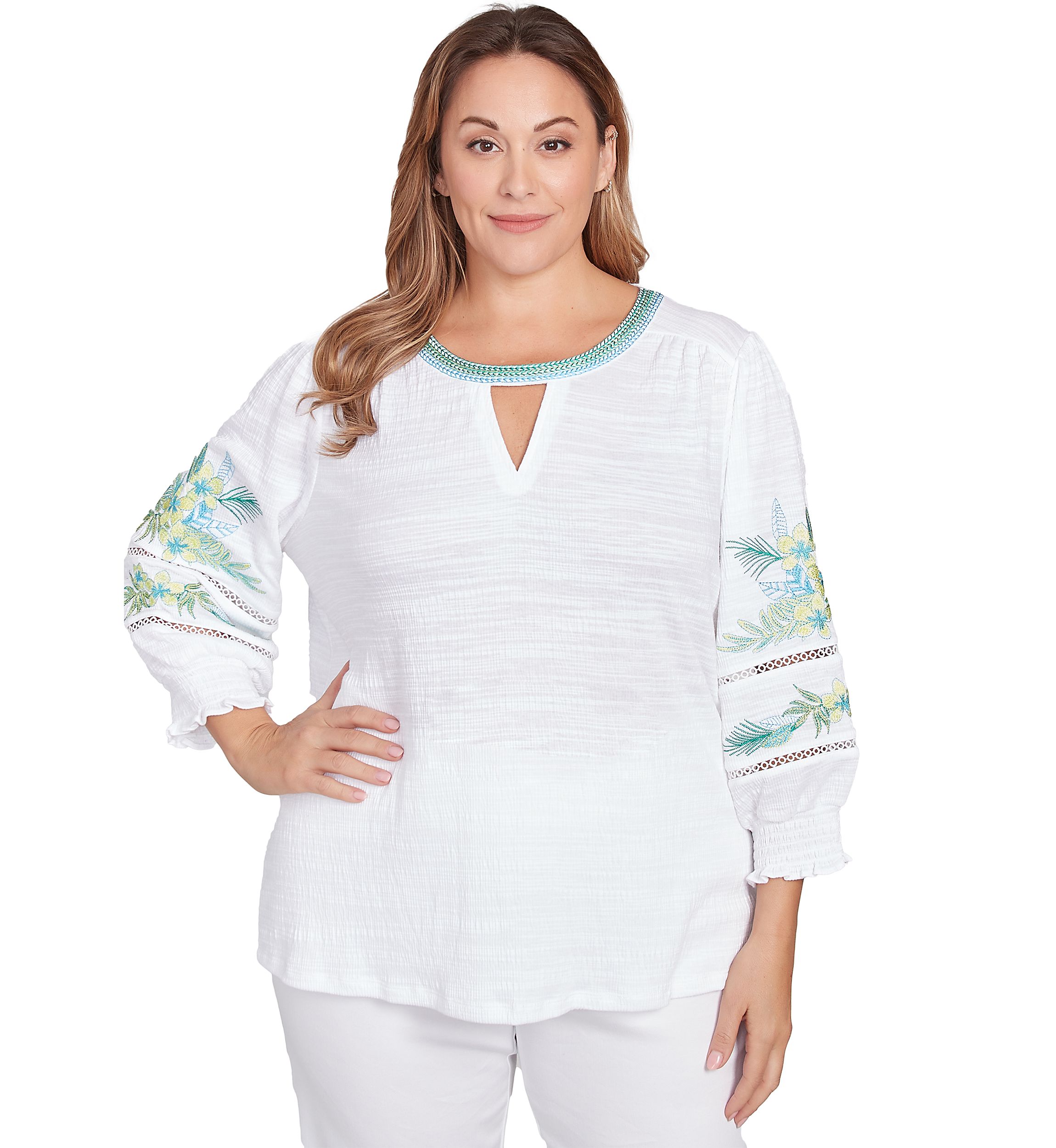 Plus Size Solid Embroidered Textured Knit Top