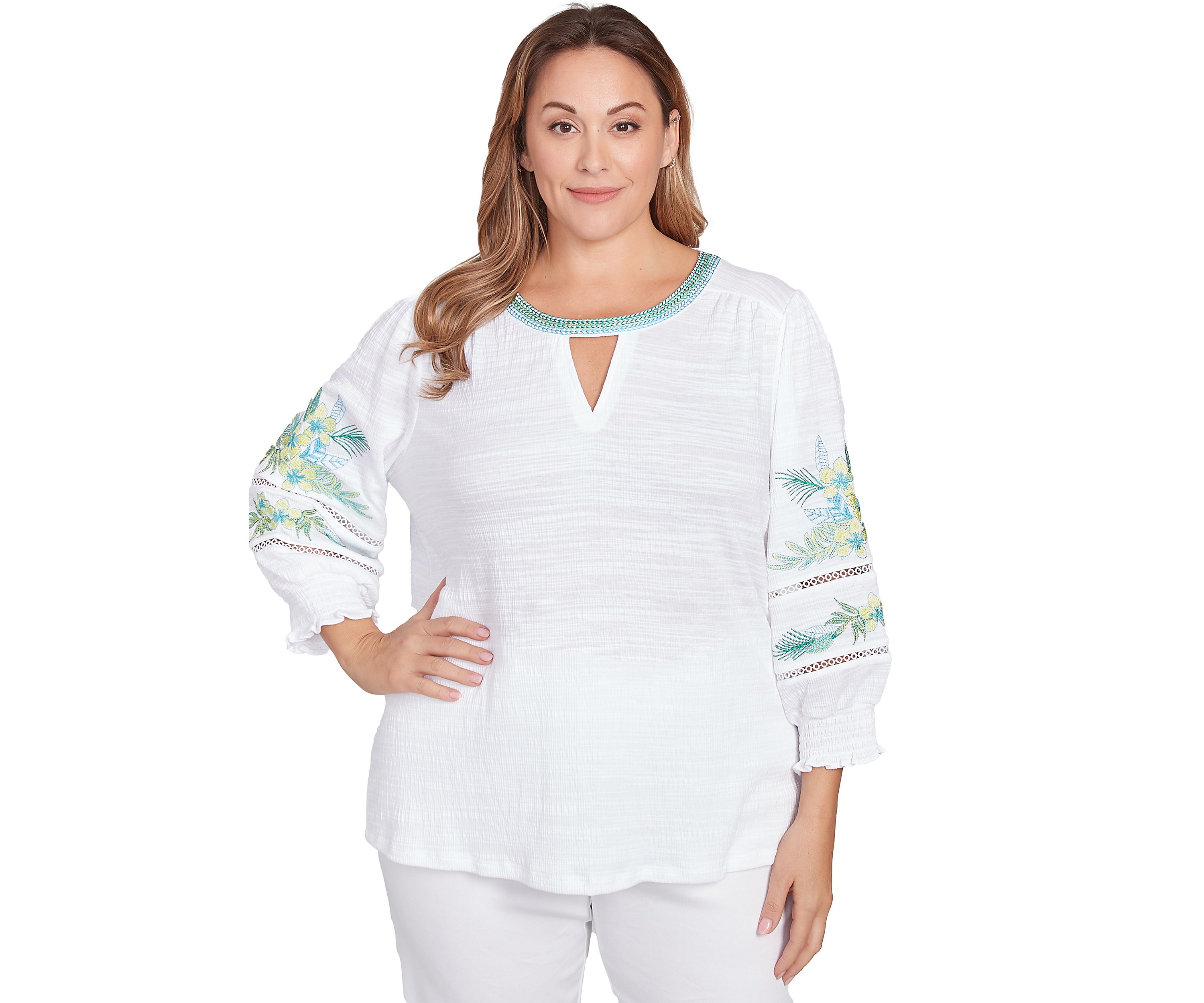 Plus Size Solid Embroidered Textured Knit Top