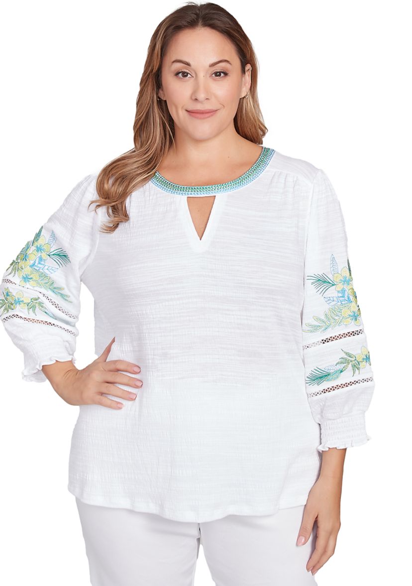 Plus Size Solid Embroidered Textured Knit Top