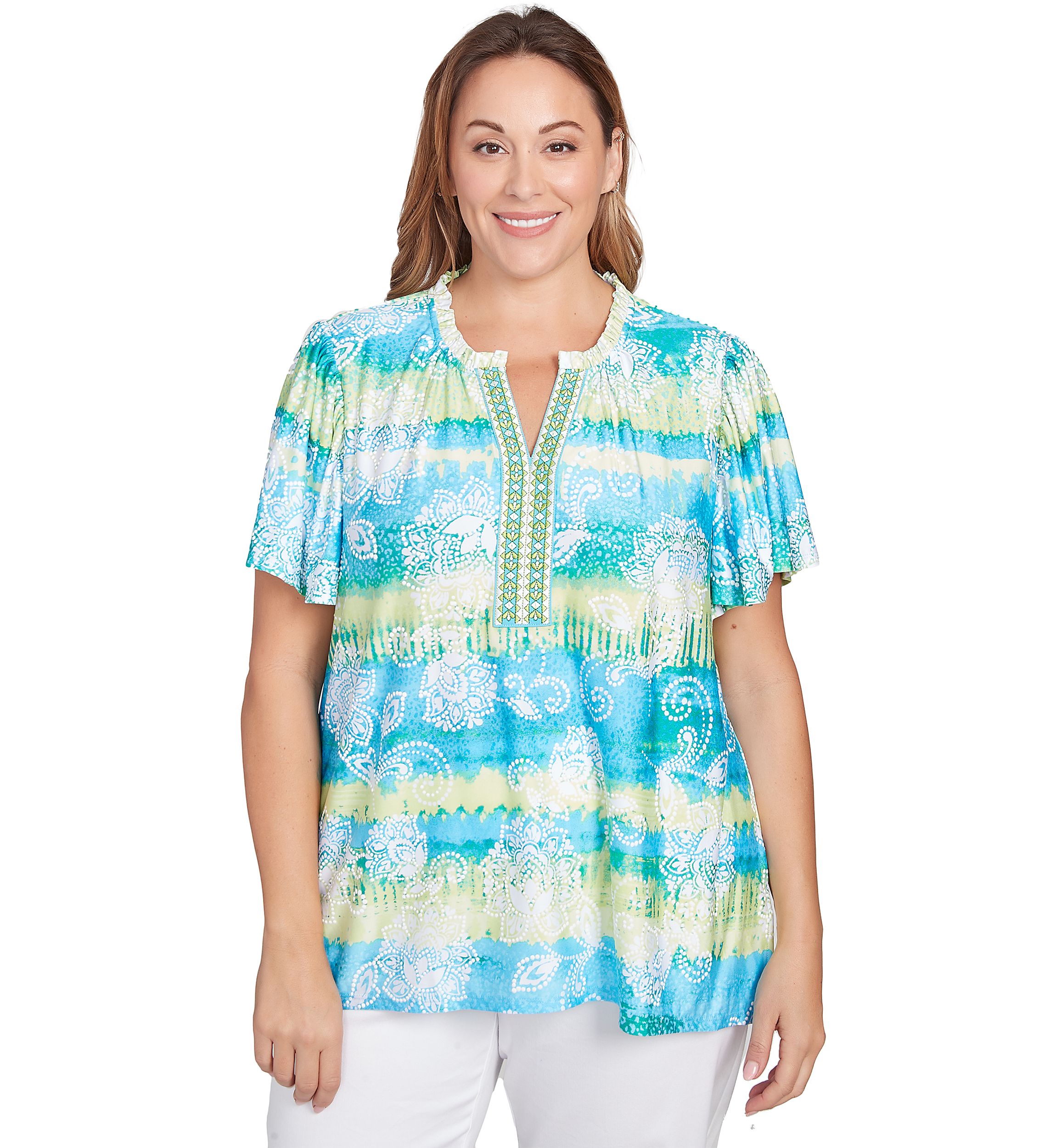 Plus Size Batik Embroidered Tie Dye Puff Print T-Shirt