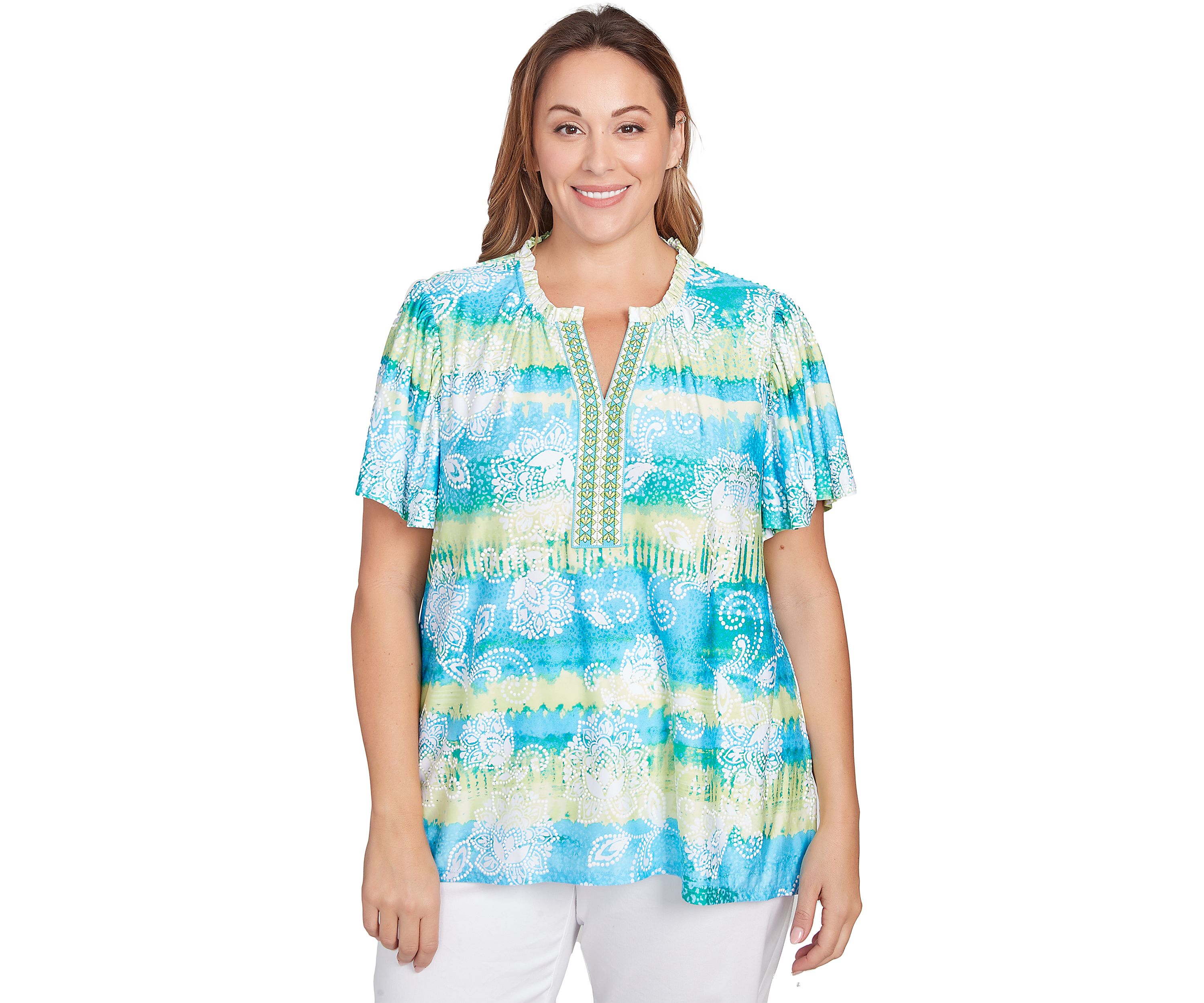 Plus Size Batik Embroidered Tie Dye Puff Print T-Shirt