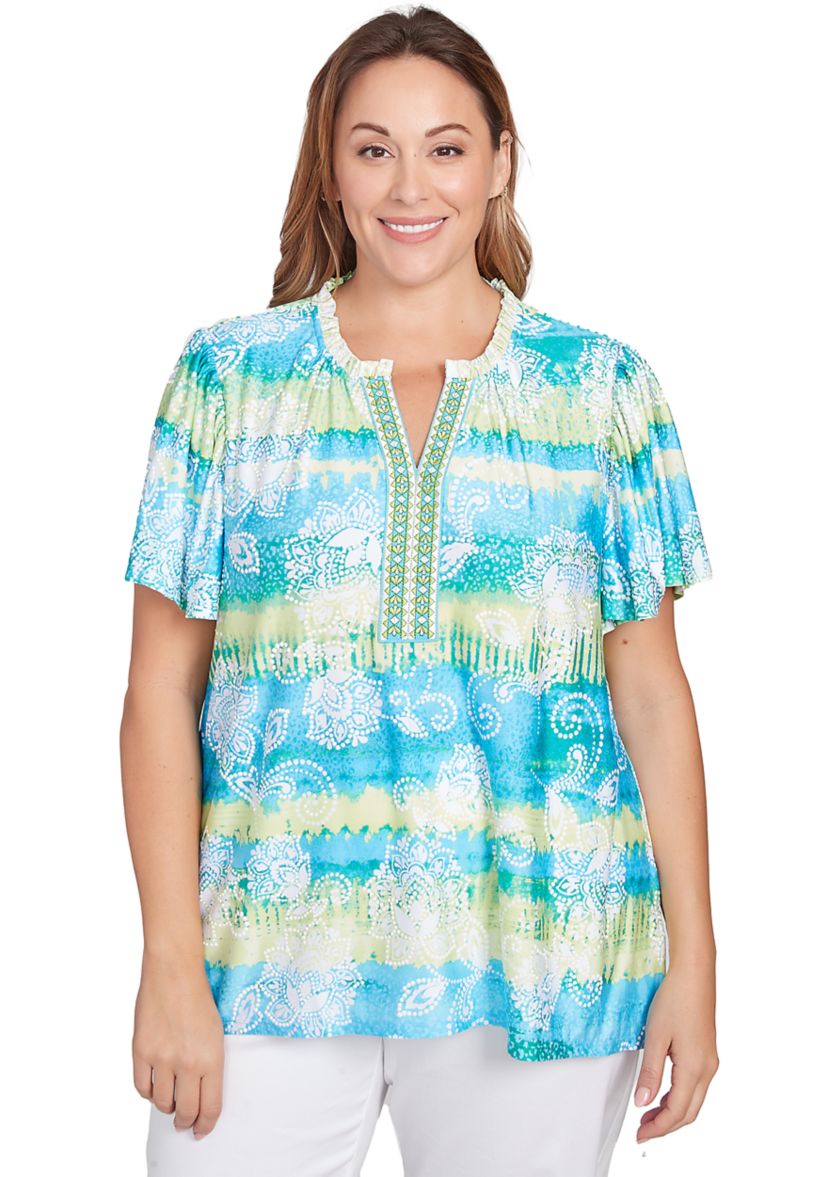 Plus Size Batik Embroidered Tie Dye Puff Print T-Shirt