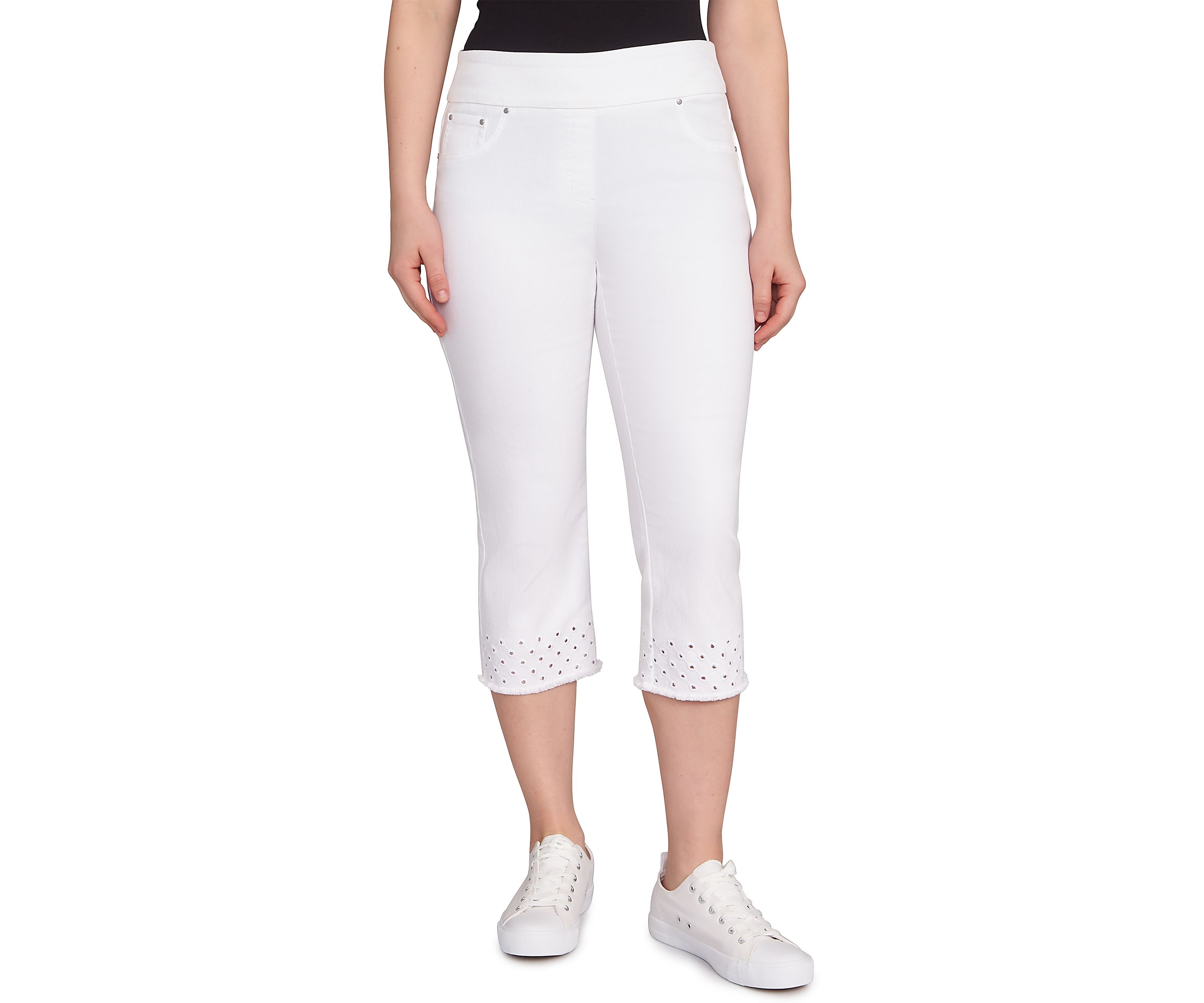 Petite Pull On Embroidered Hem Soft Stretch Denim Capri Pants