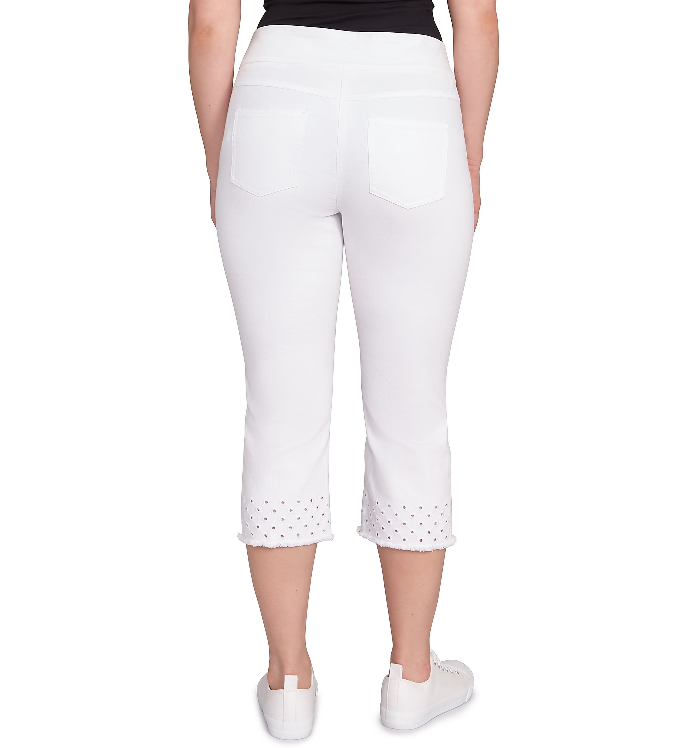 Petite Pull On Embroidered Hem Soft Stretch Denim Capri Pants