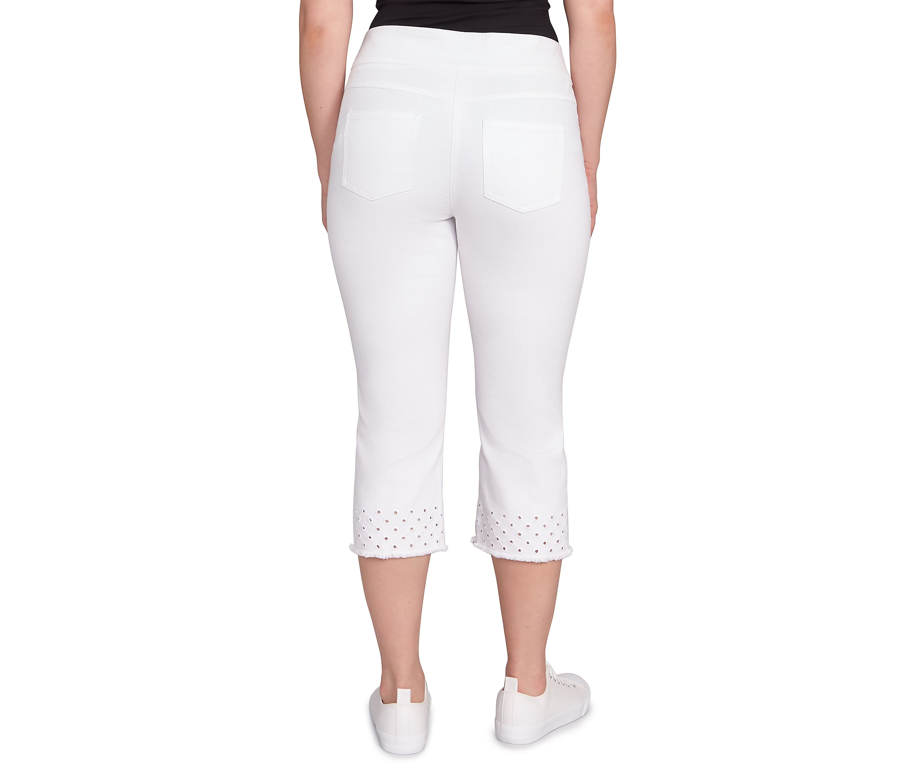 Petite Pull On Embroidered Hem Soft Stretch Denim Capri Pants