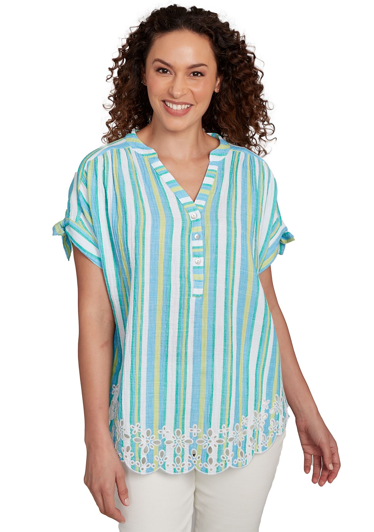 Petite Scalloped Stripe Embroidered Tie Sleeve T-Shirt 