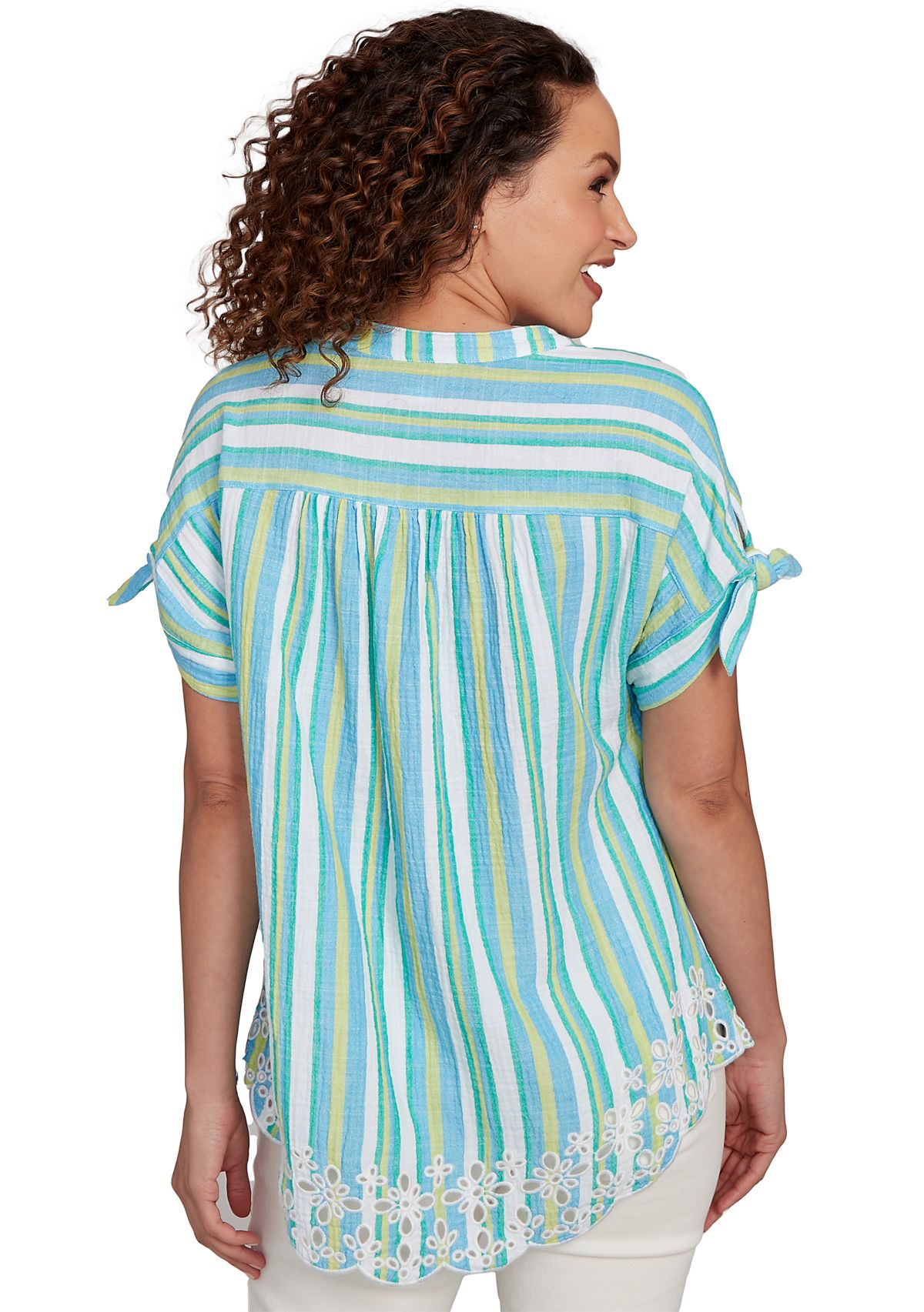 Petite Scalloped Stripe Embroidered Tie Sleeve T-Shirt 