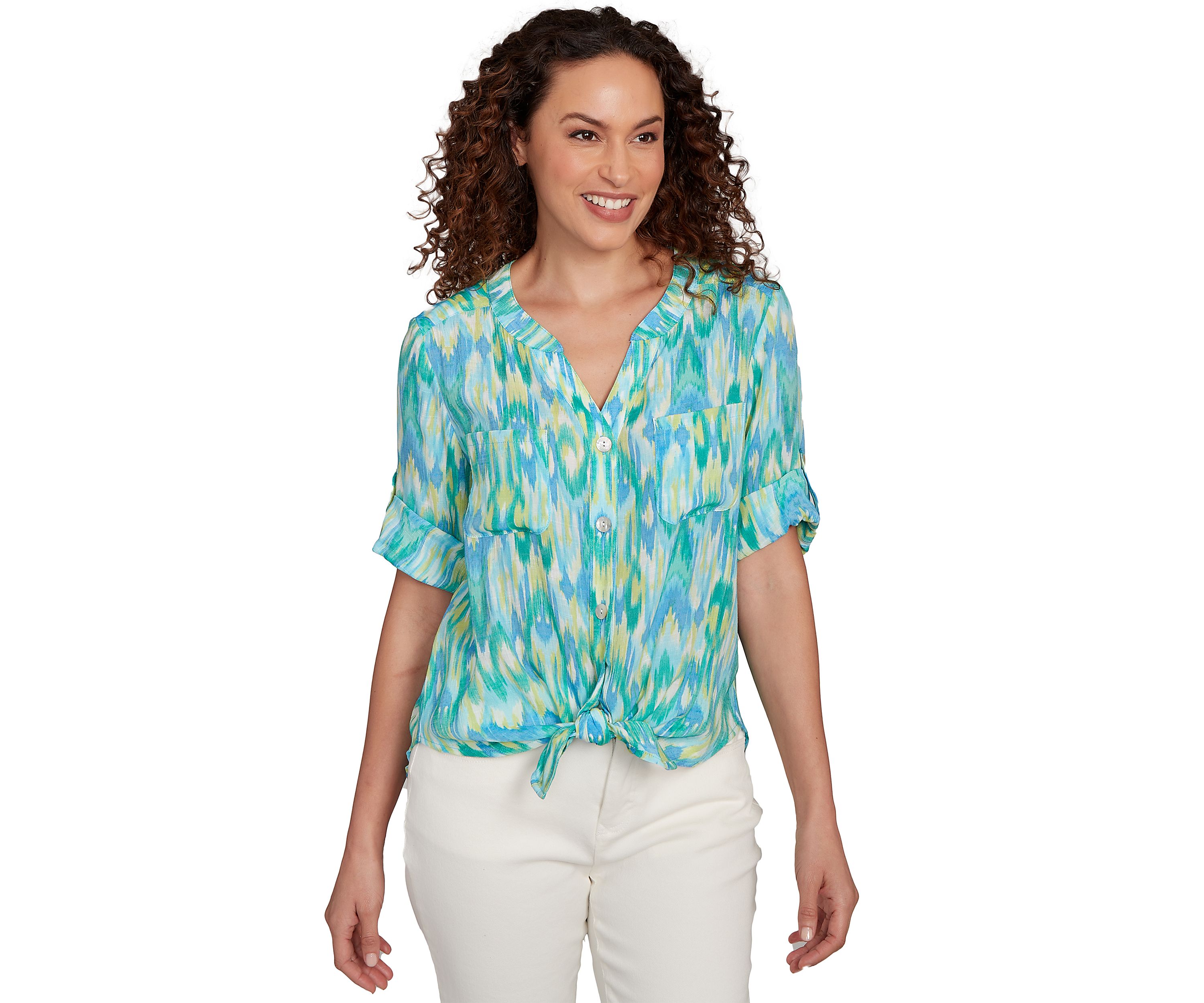 Petite Paradise Ikat Button Tie Front Top