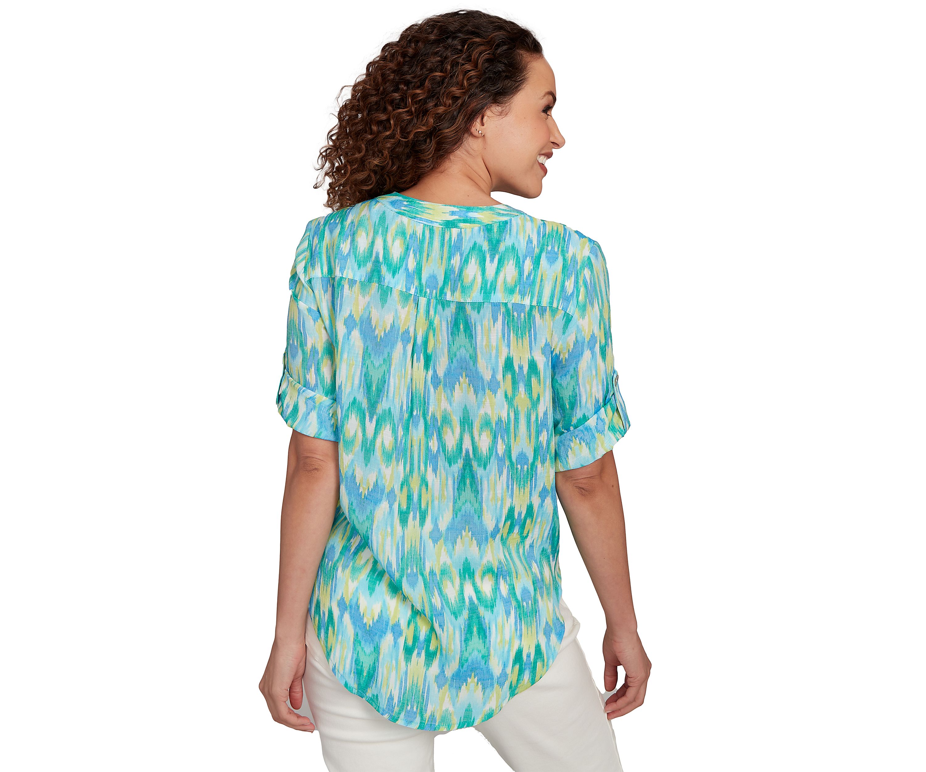 Petite Paradise Ikat Button Tie Front Top