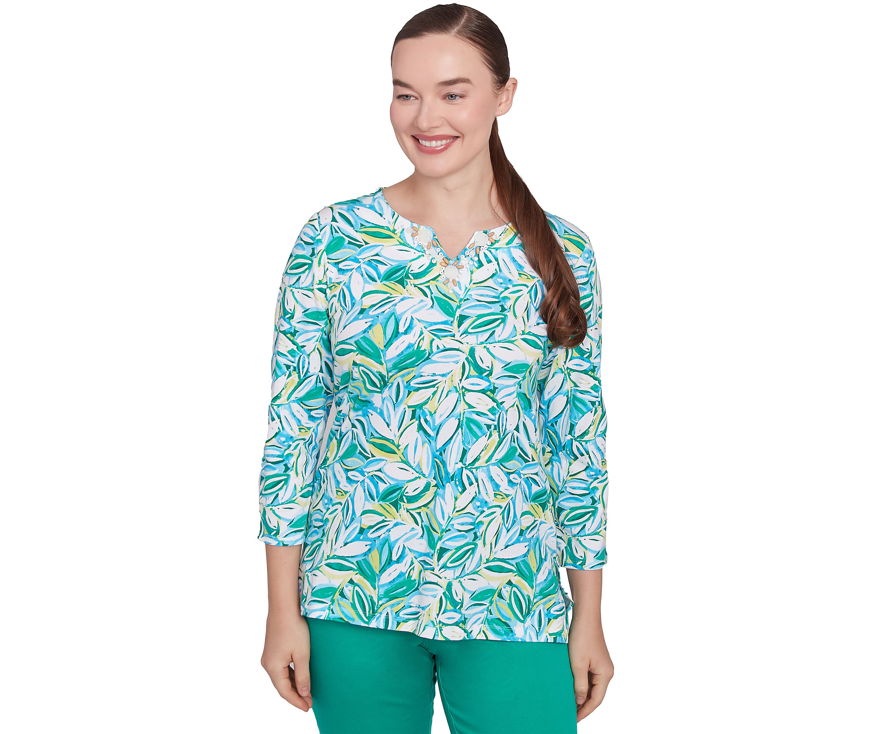 Petite Tossed Leaves Embellished Knit Top