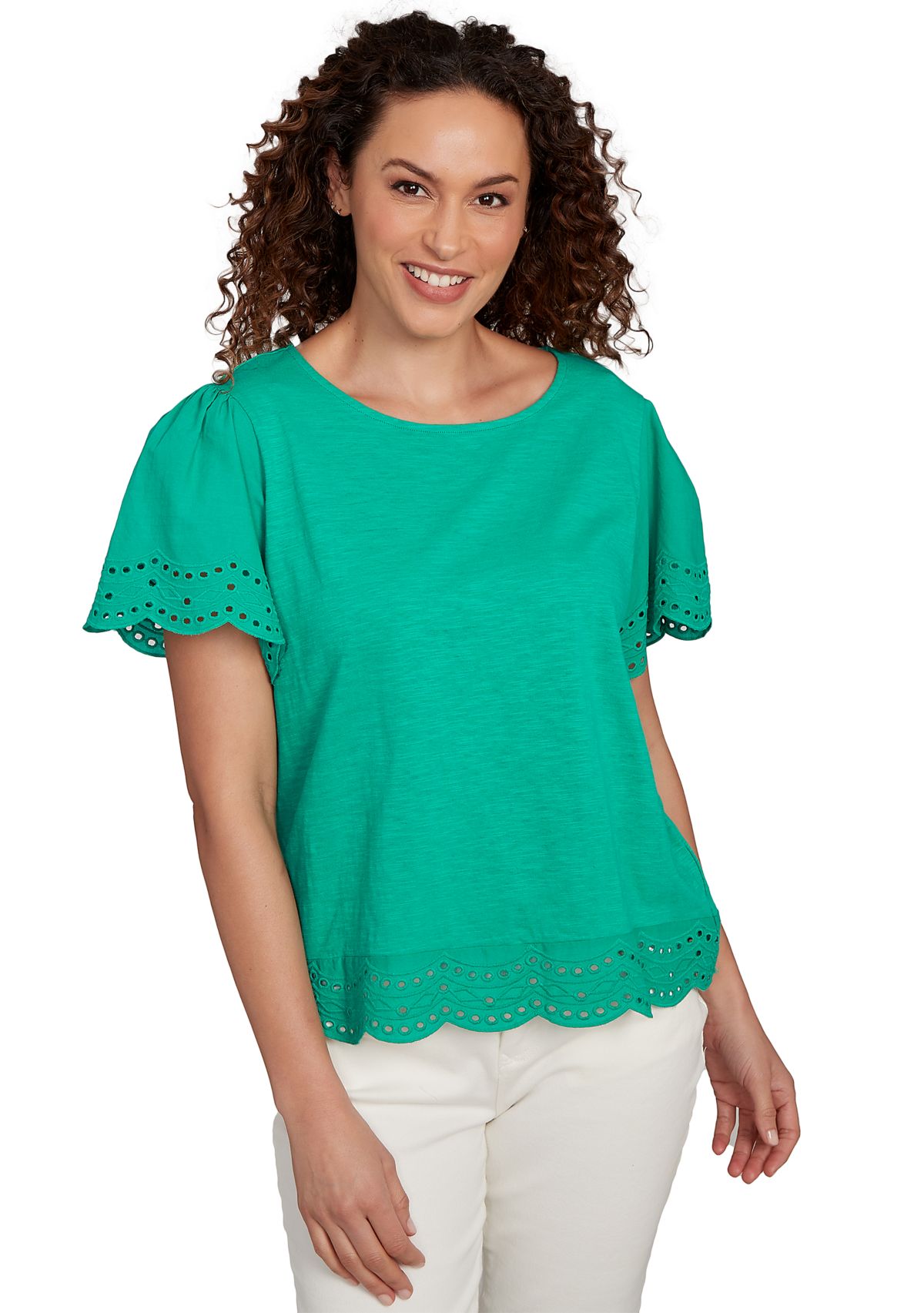 Petite Embroidered Sleeve Solid T-Shirt