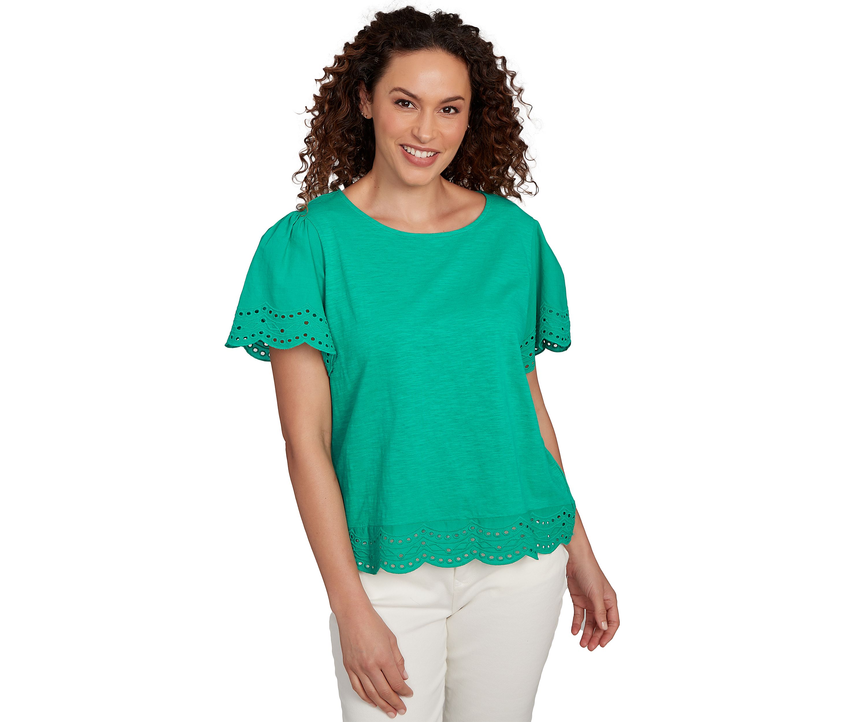 Petite Embroidered Sleeve Solid T-Shirt