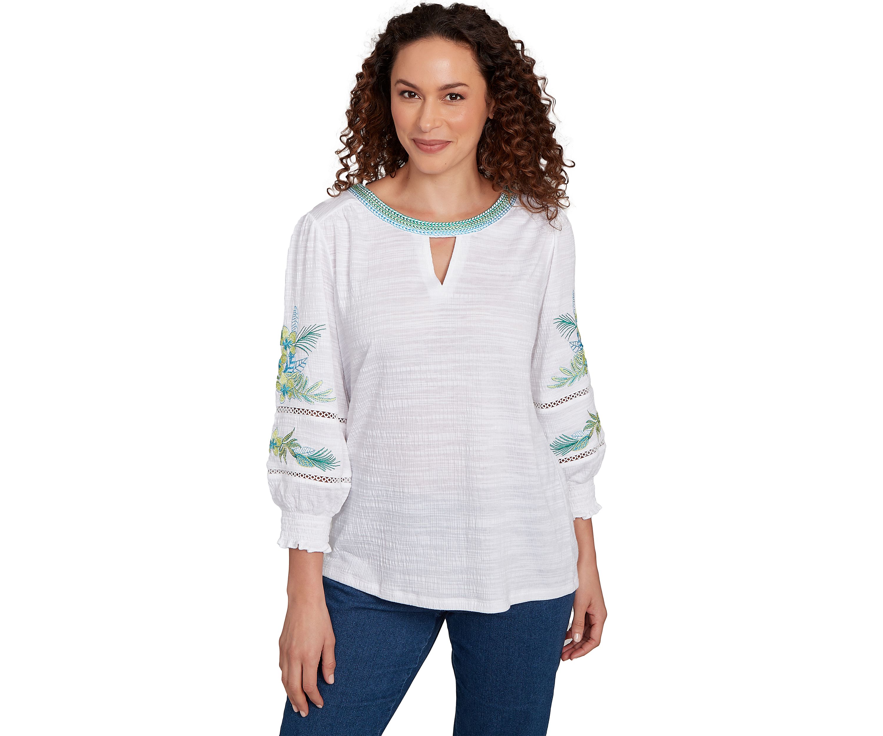 Petite Solid Embroidered Textured Knit Top