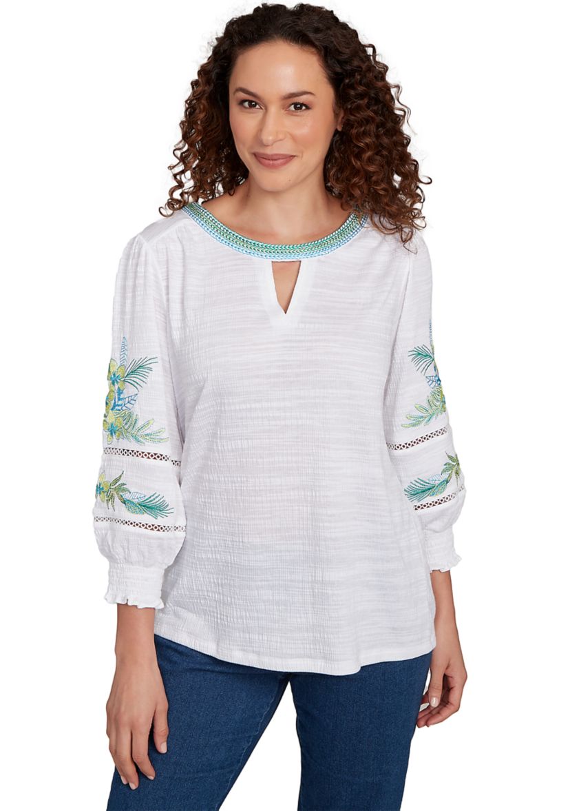 Petite Solid Embroidered Textured Knit Top