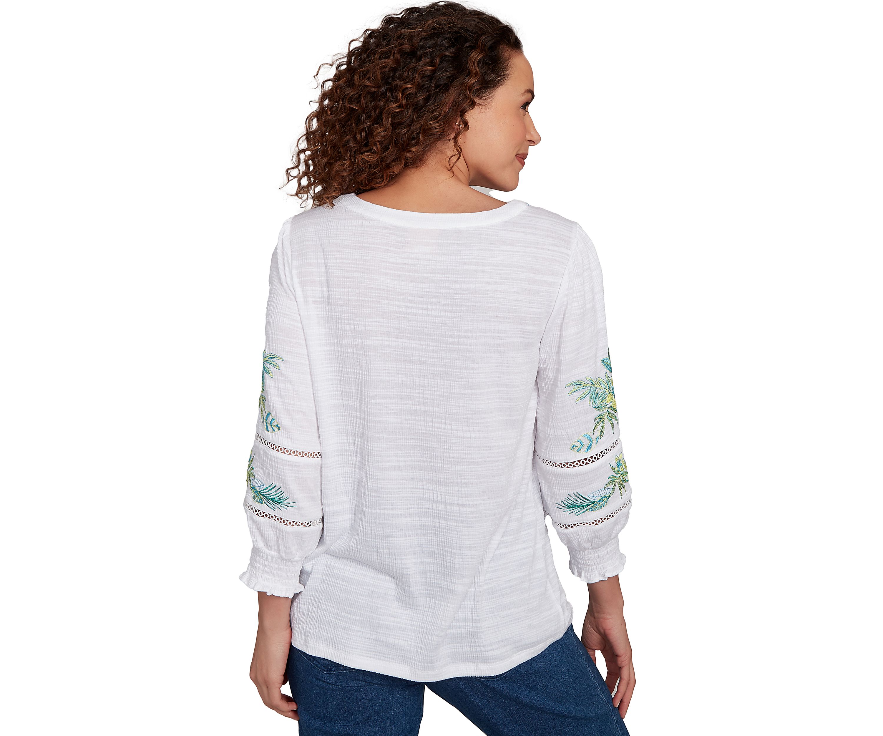 Petite Solid Embroidered Textured Knit Top