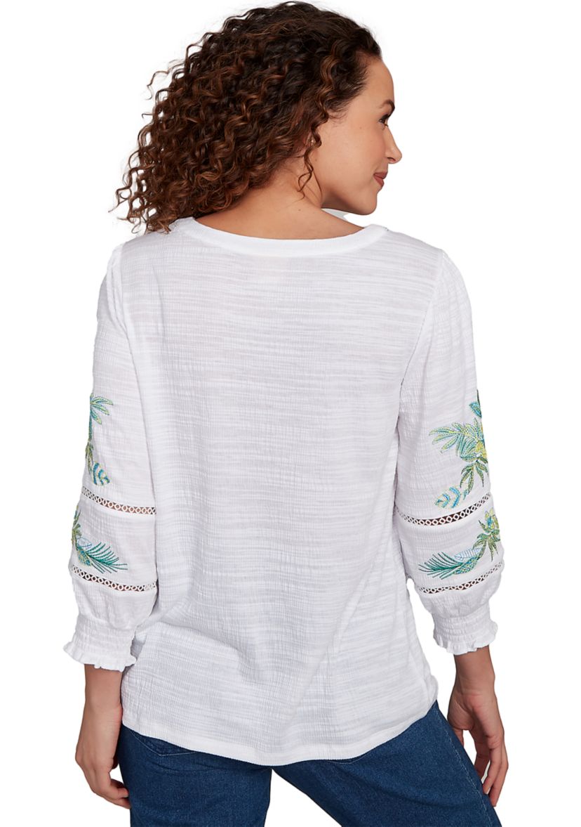 Petite Solid Embroidered Textured Knit Top
