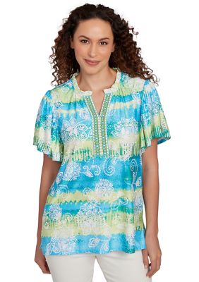 Ruby Rd Women's Petite Batik Embroidered Tie Dye Puff Print T-Shirt, PS