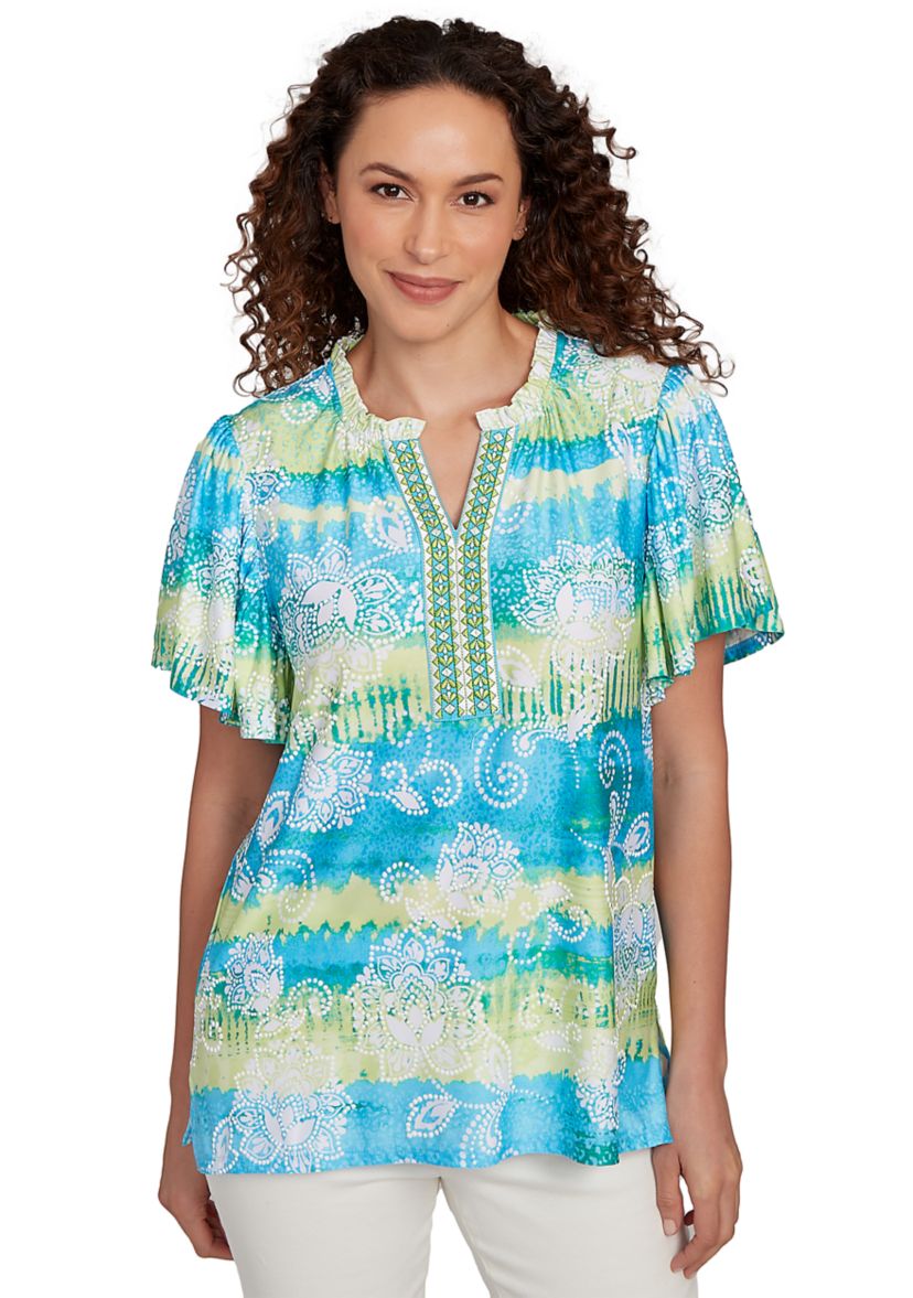 Petite Batik Embroidered Tie Dye Puff Print T-Shirt 