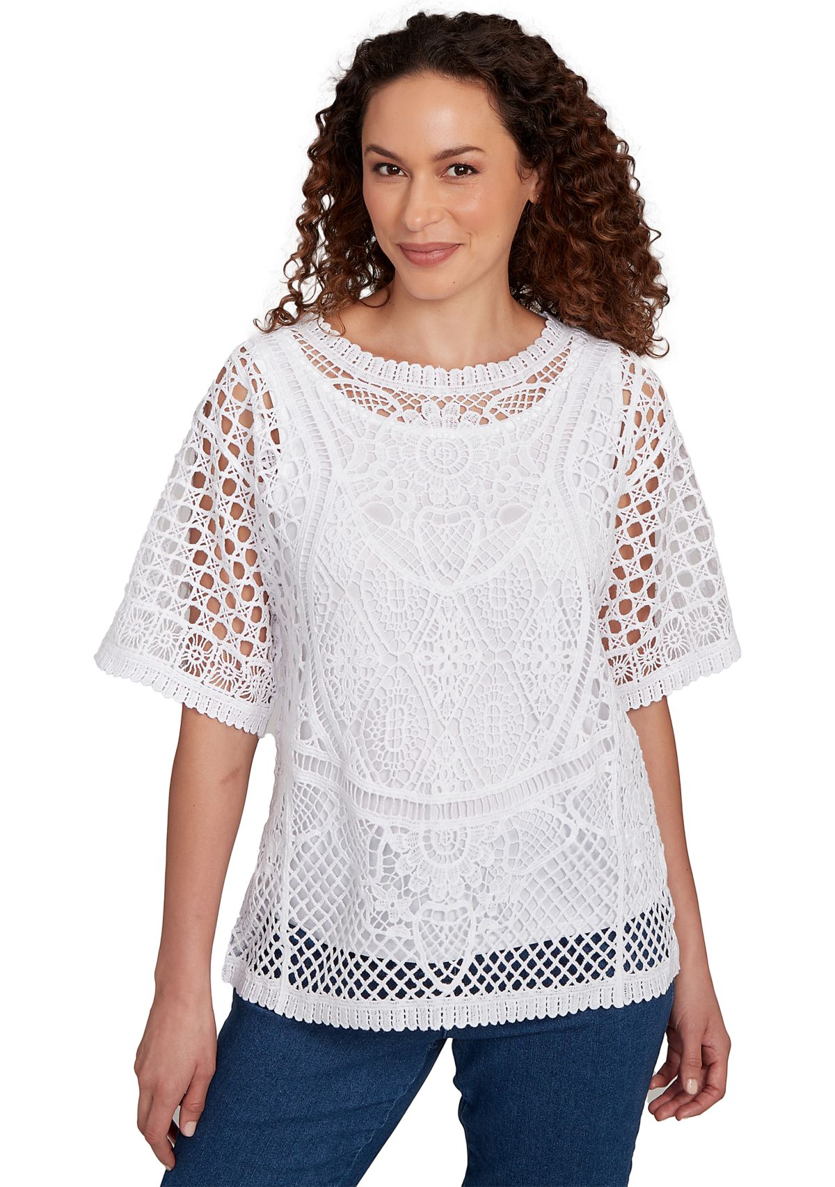 Petite Scoop Neck Floral Blocked Faux Crochet Lined Top