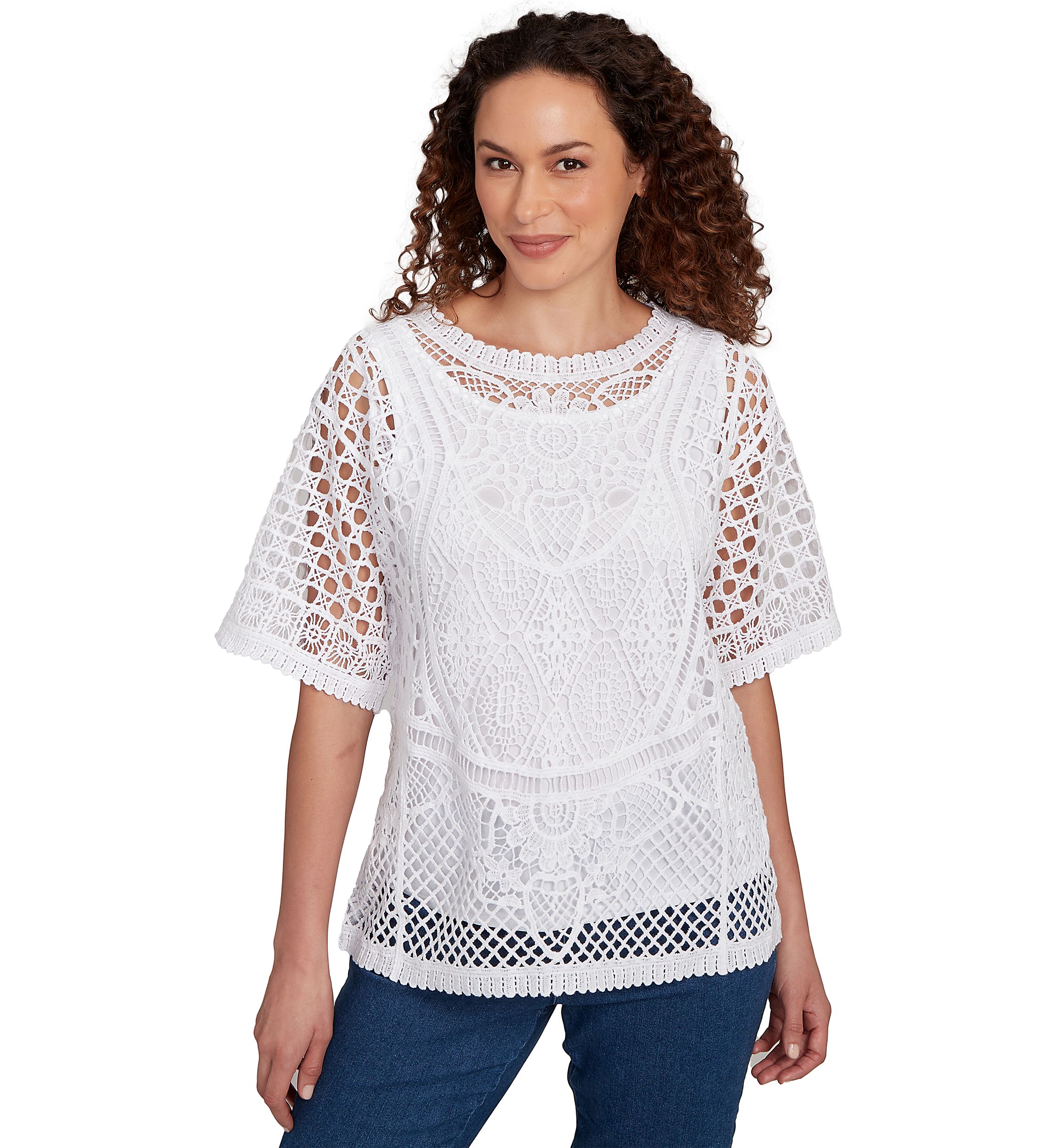 Petite Scoop Neck Floral Blocked Faux Crochet Lined Top