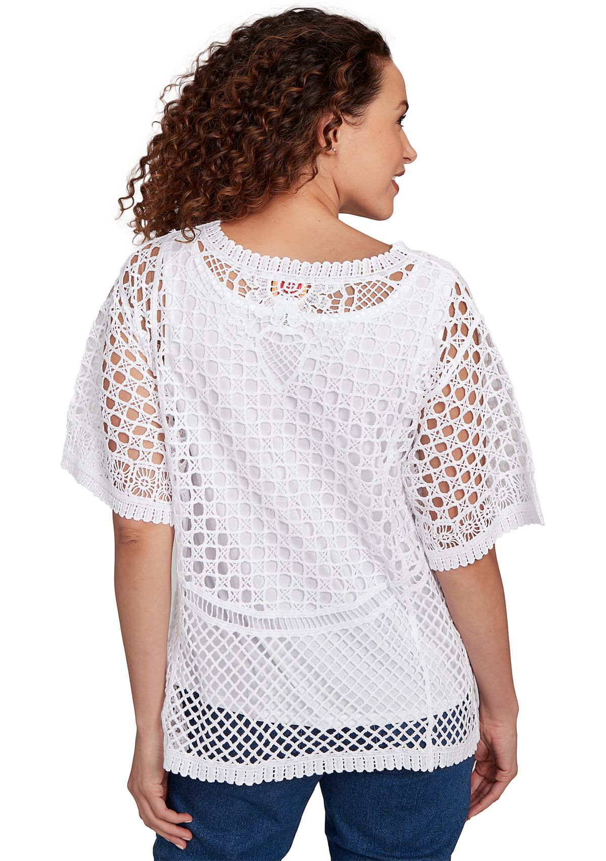 Petite Scoop Neck Floral Blocked Faux Crochet Lined Top