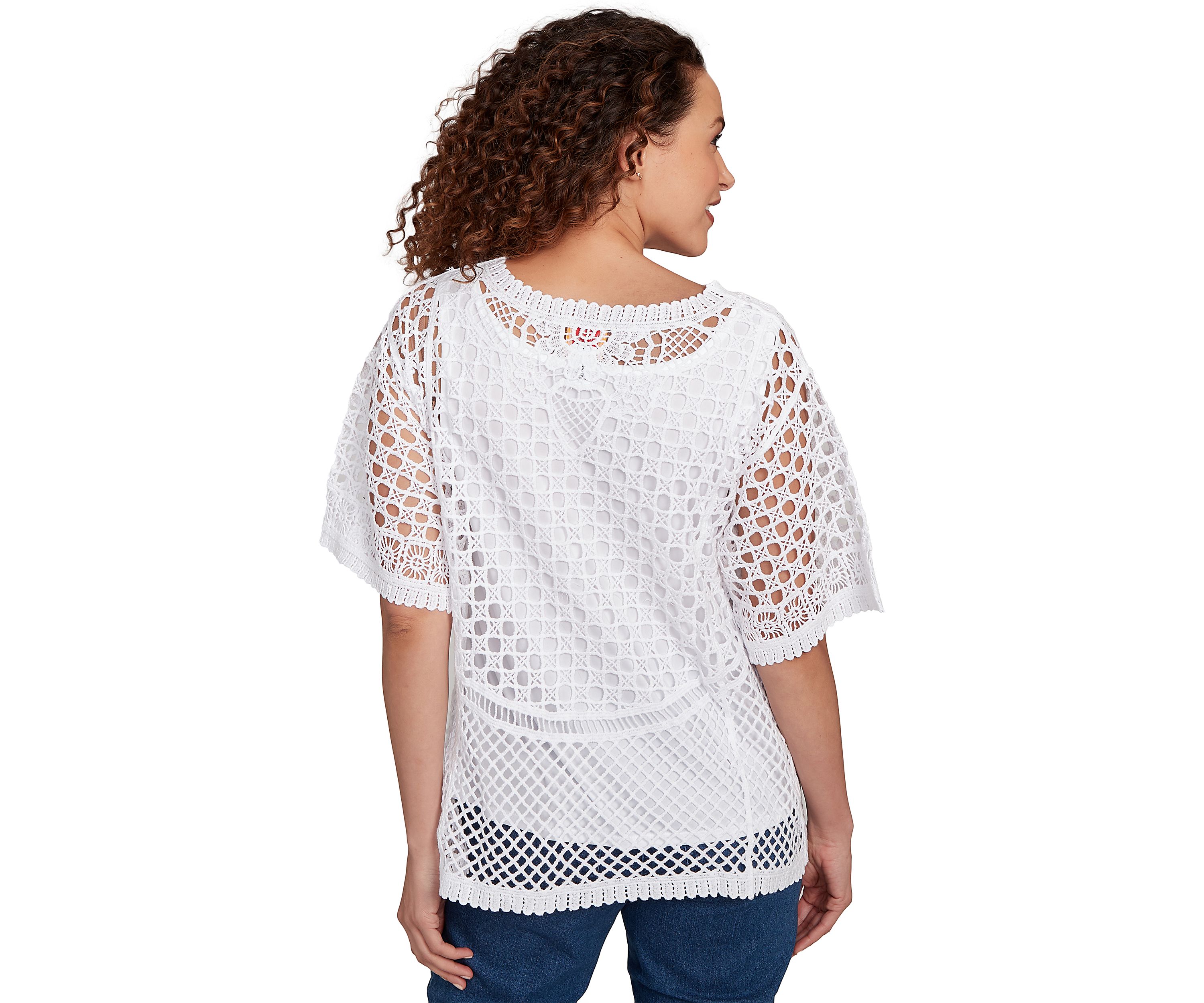 Petite Scoop Neck Floral Blocked Faux Crochet Lined Top