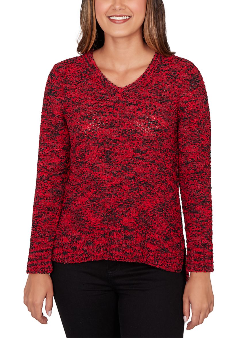 Womens V-Neck Spacedye Pompom Sweater