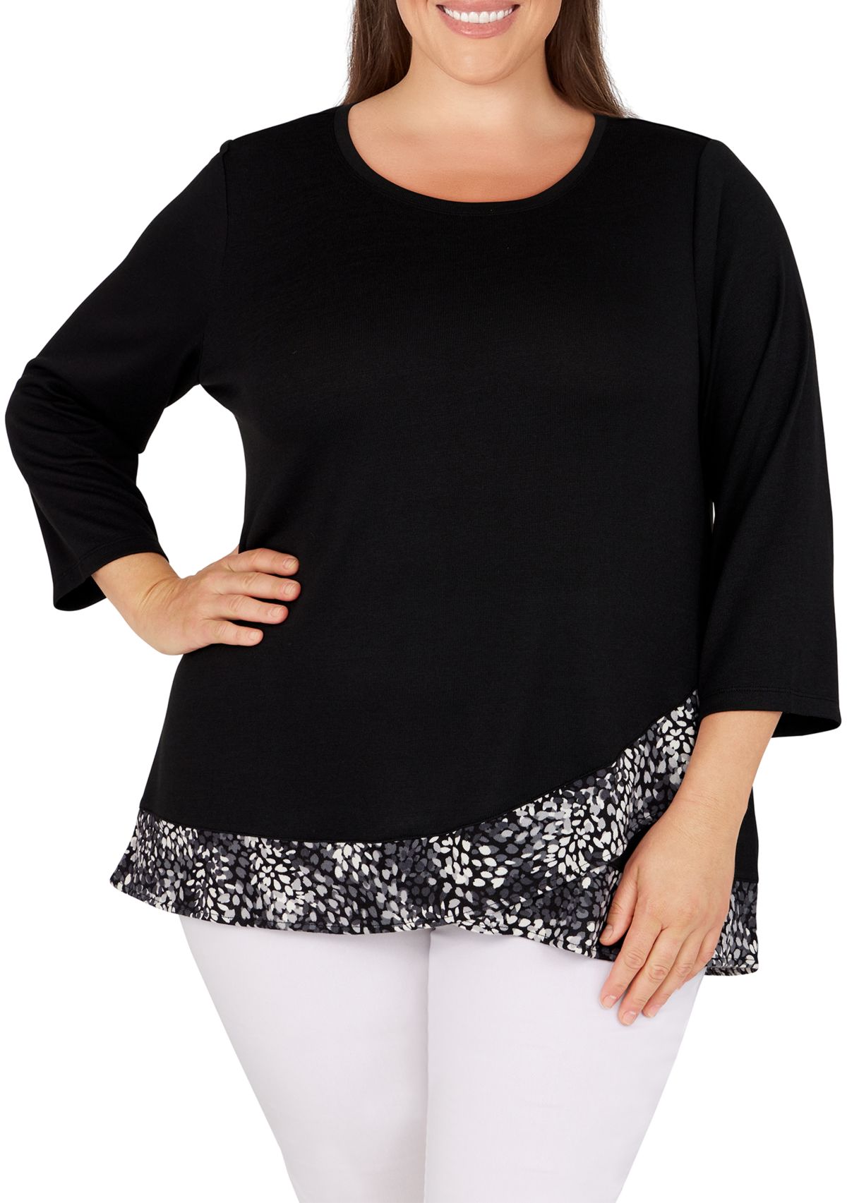 Plus Size Solid Hatchi Top with Animal Printed Tulip Hem Top