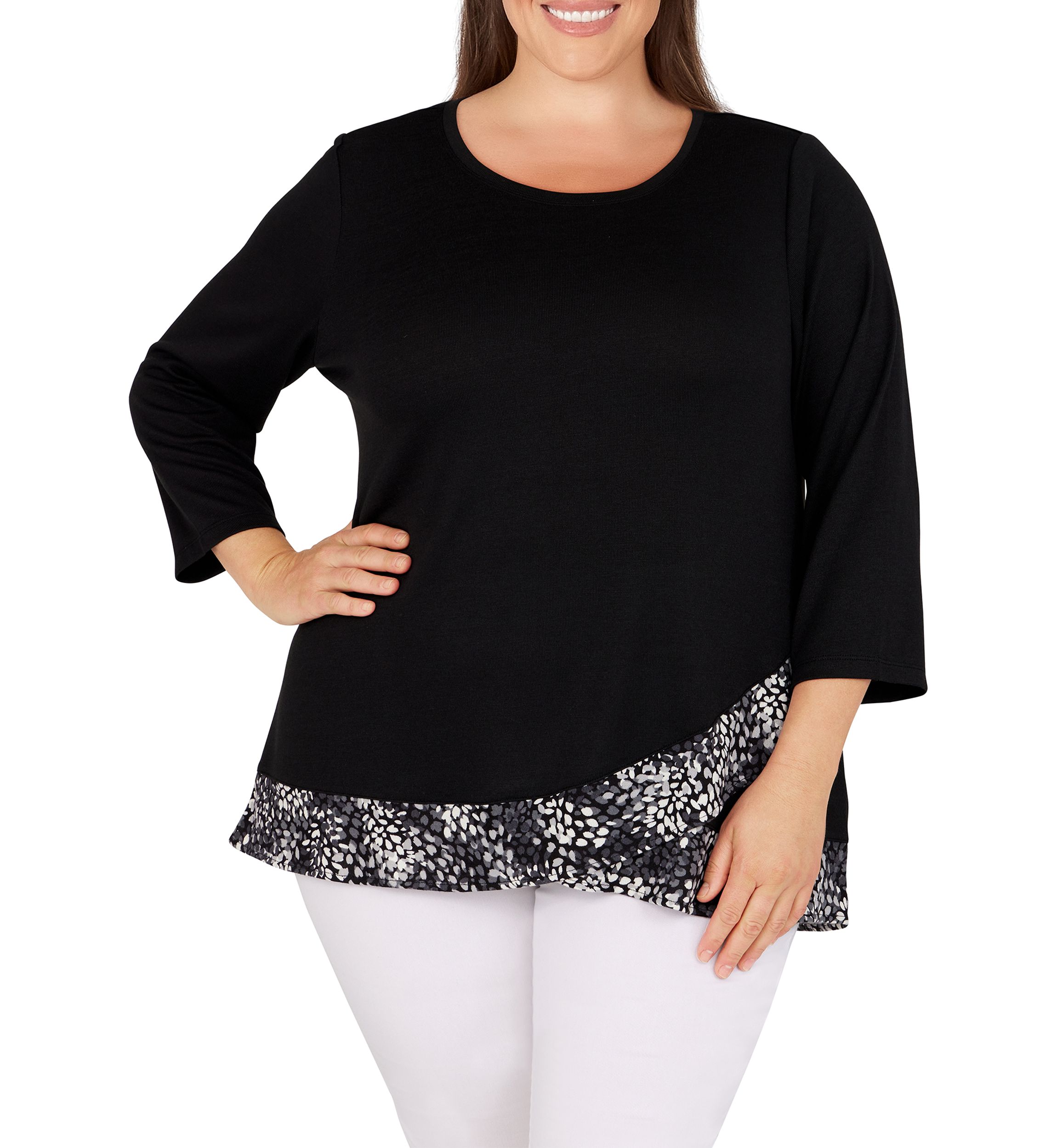 Plus Size Solid Hatchi Top with Animal Printed Tulip Hem Top