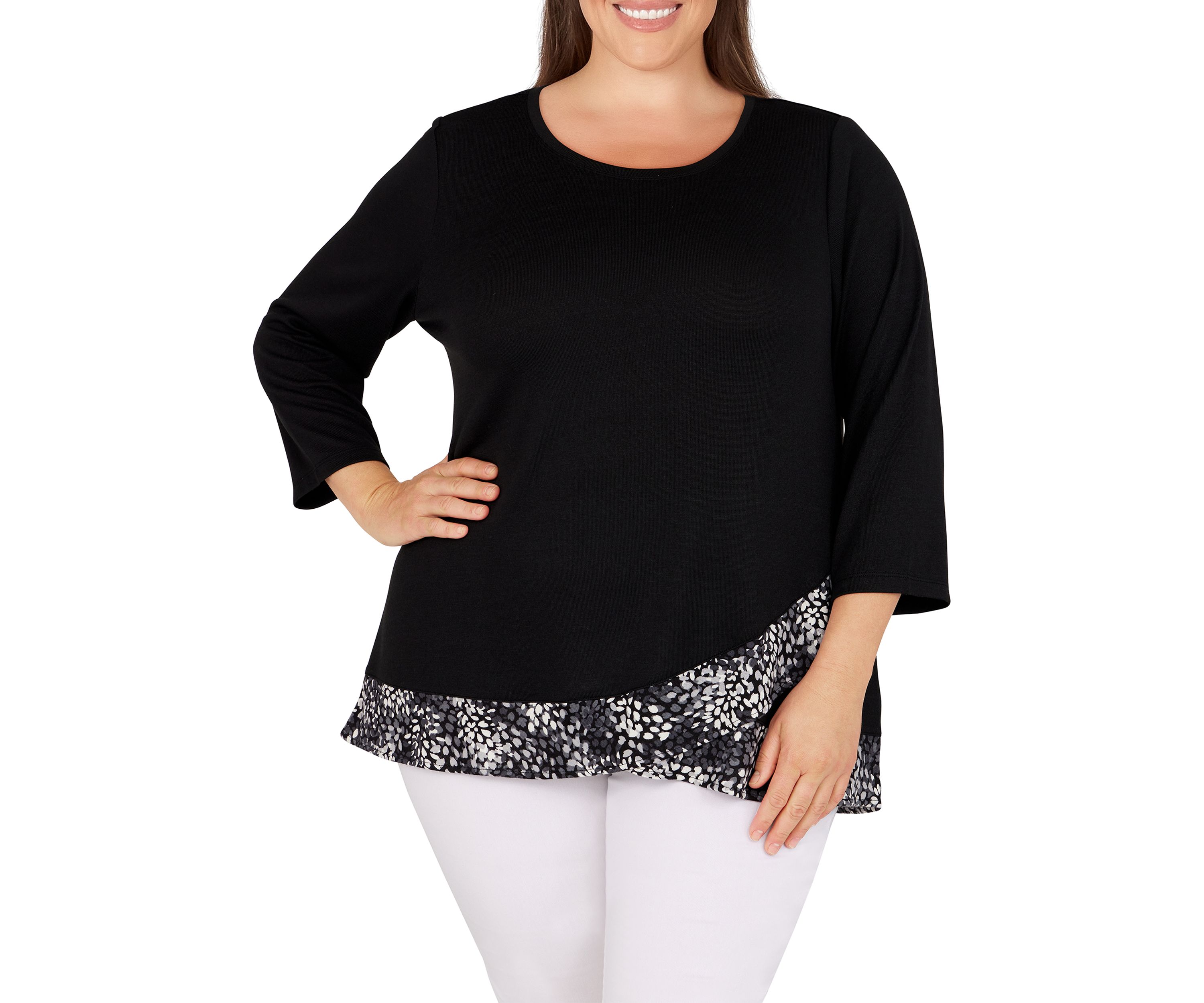 Plus Size Solid Hatchi Top with Animal Printed Tulip Hem Top