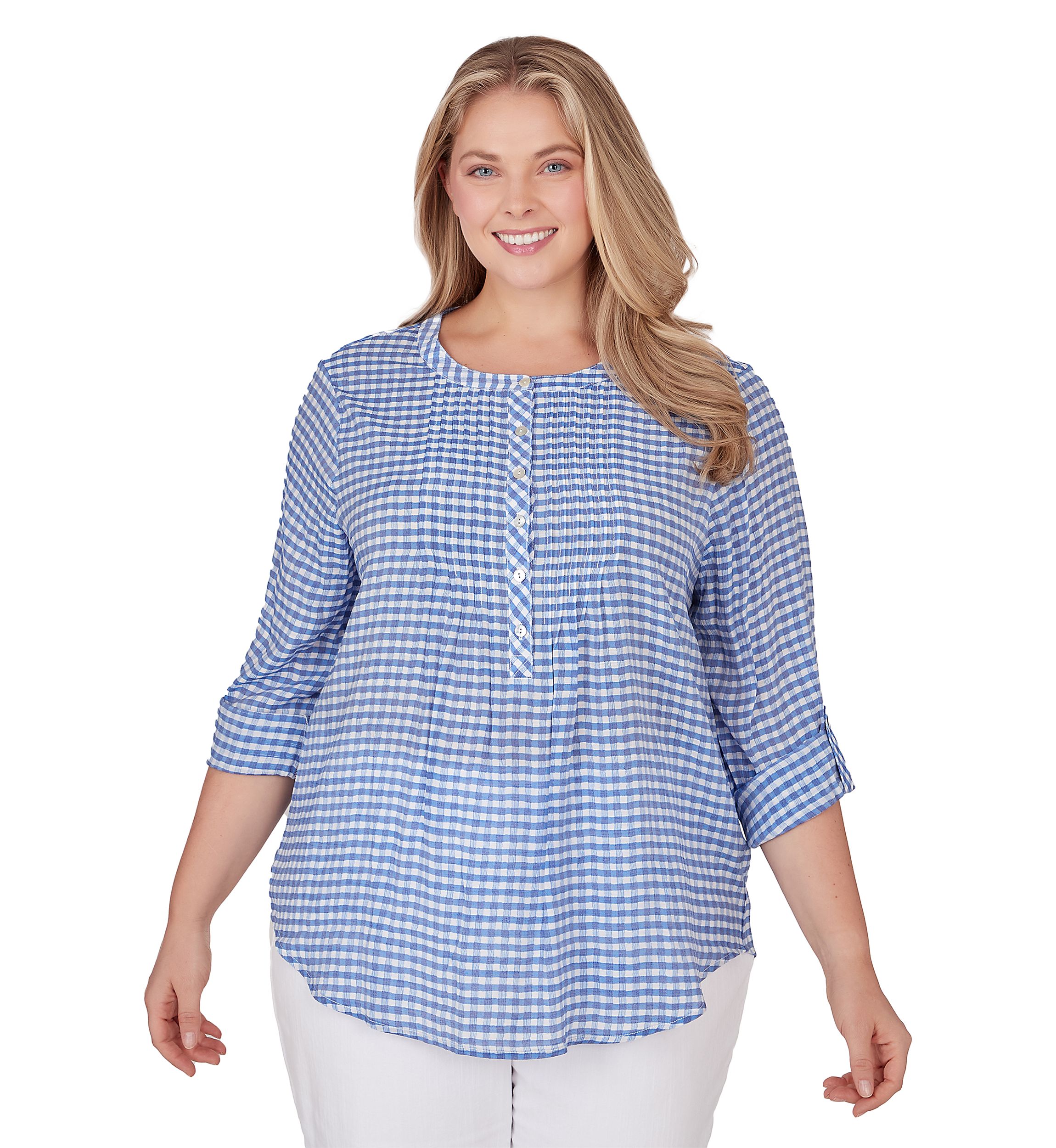 Plus Size Gingham Silky Henley Top