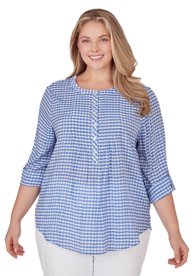 Plus Size Gingham Silky Henley Top