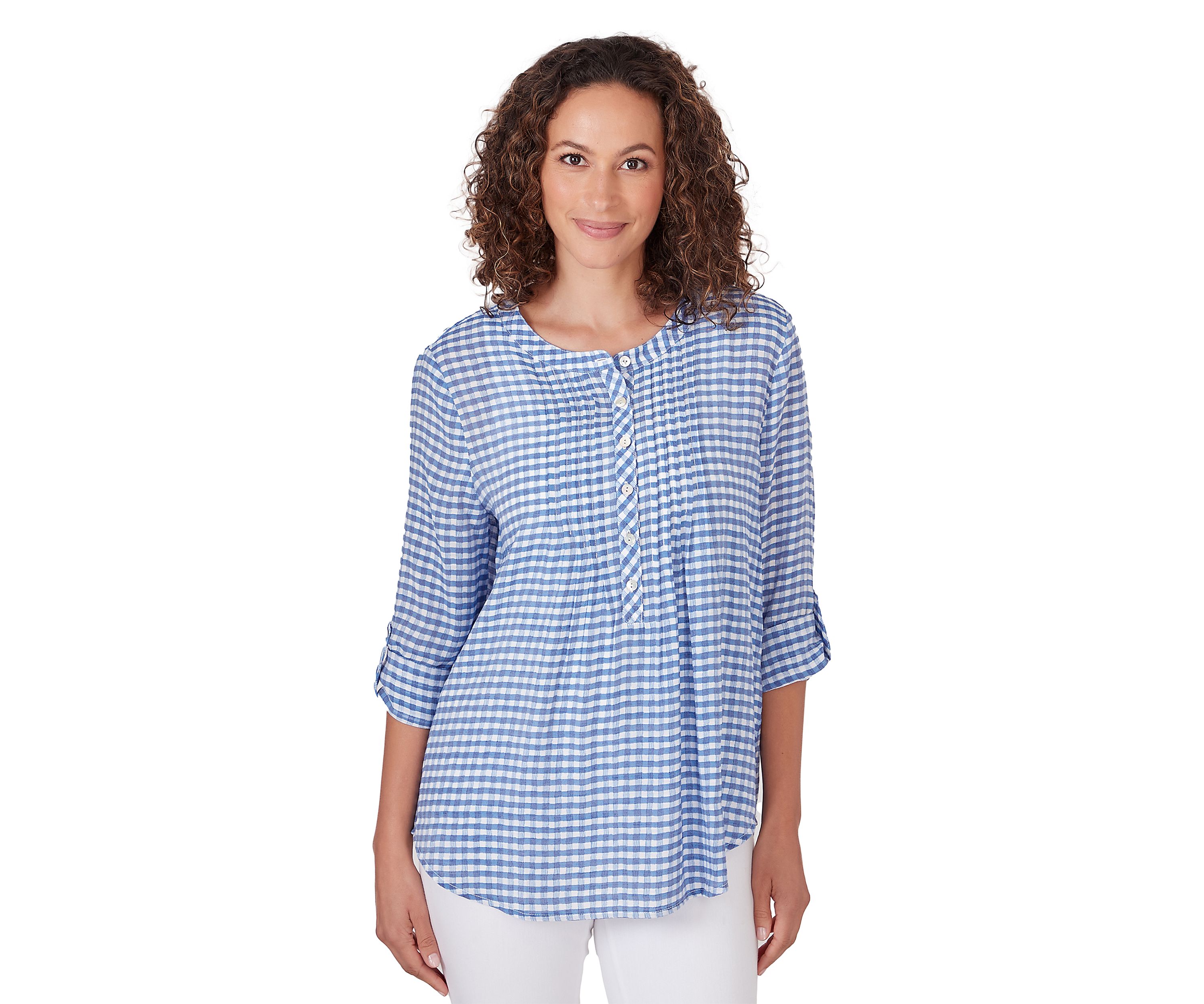Petite Gingham Silky Henley Top