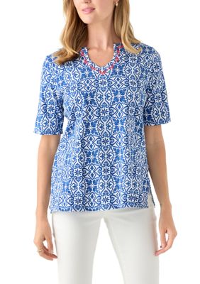 Ruby Rd Women's Petite Embellished Split Neck Top