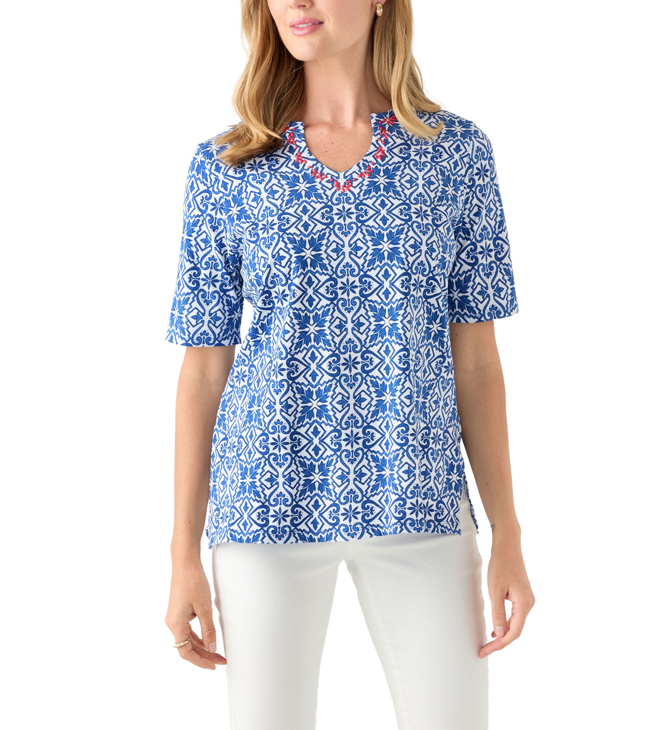 Petite Embellished Split Neck Top