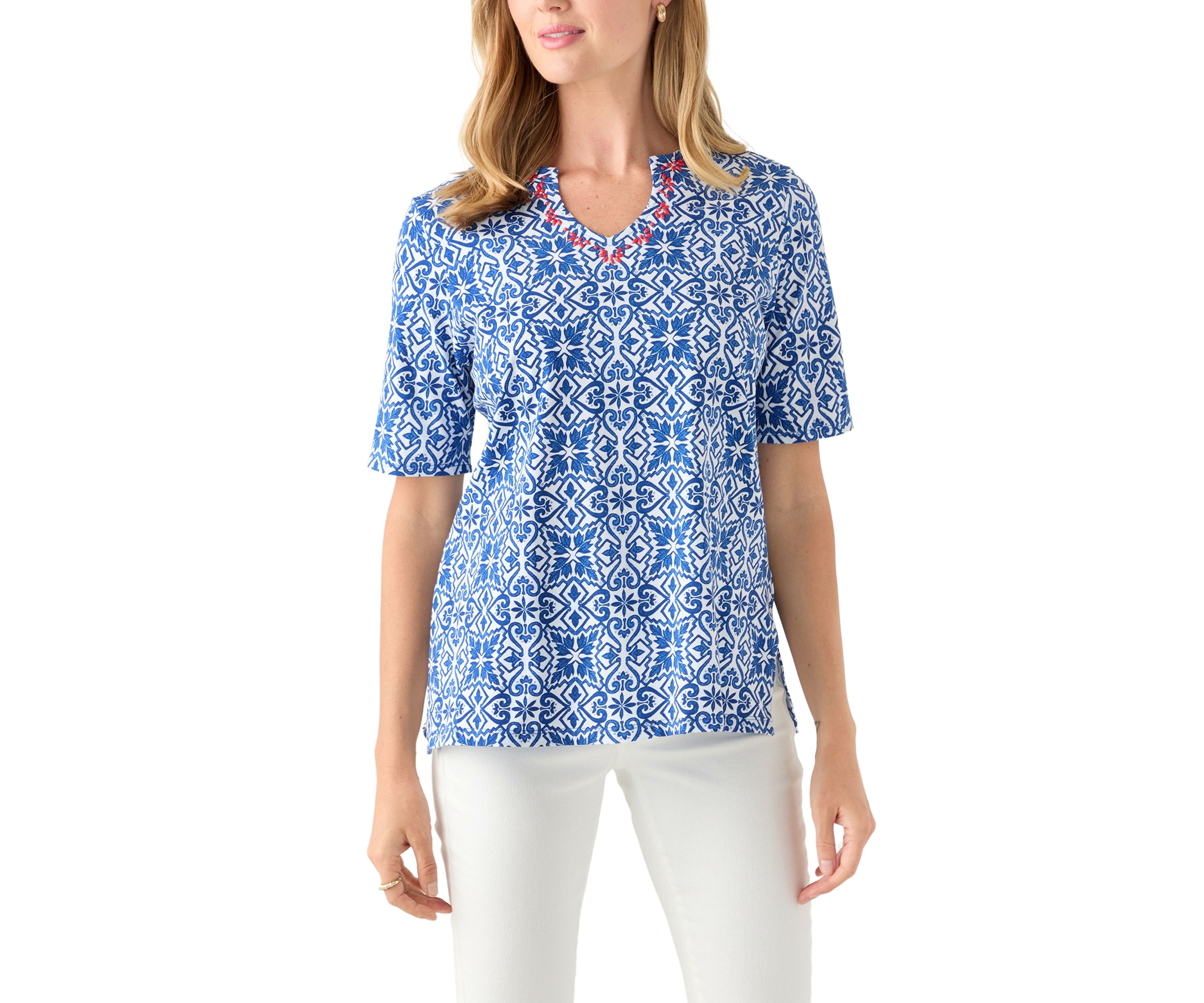 Petite Embellished Split Neck Top