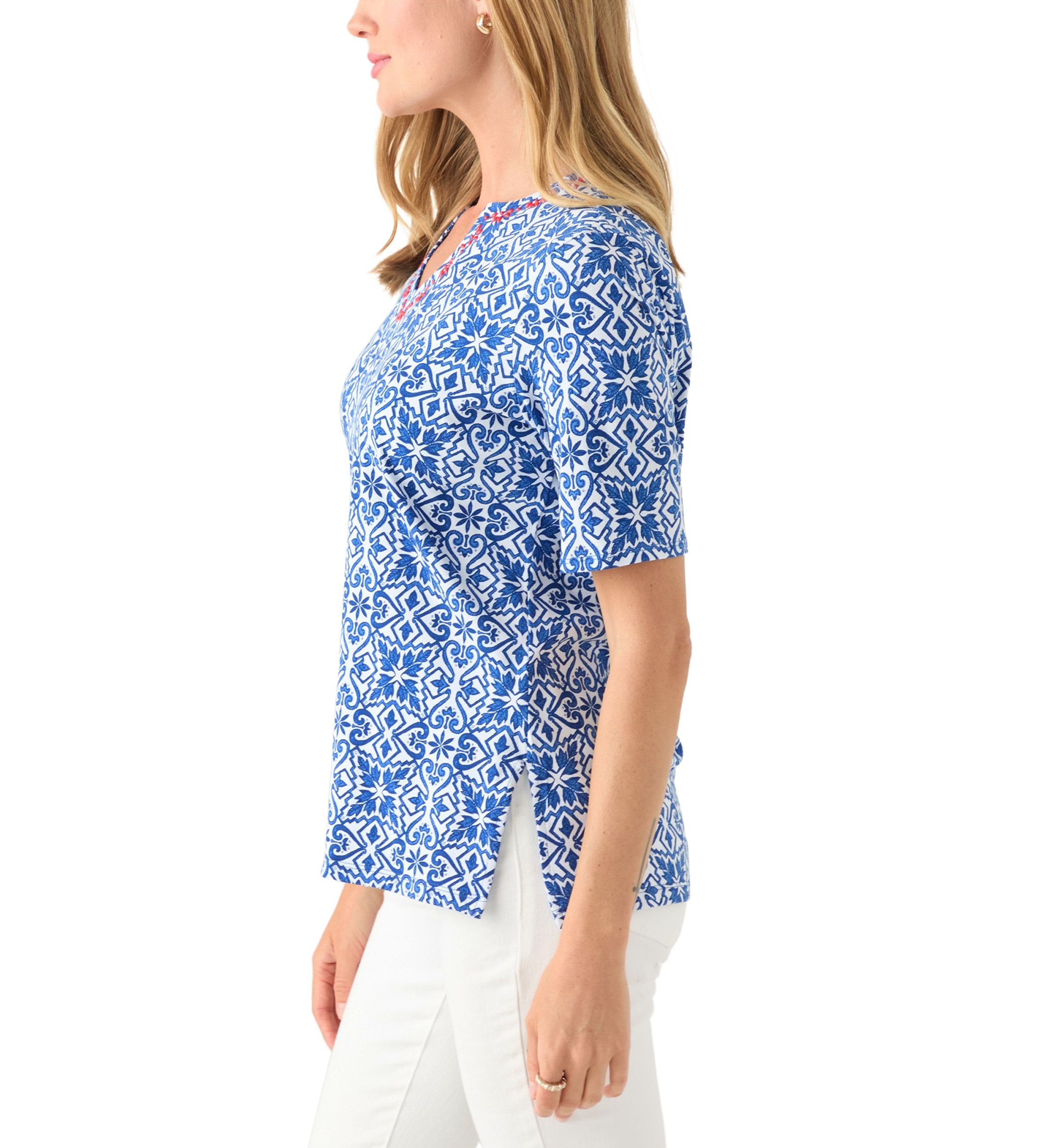 Petite Embellished Split Neck Top