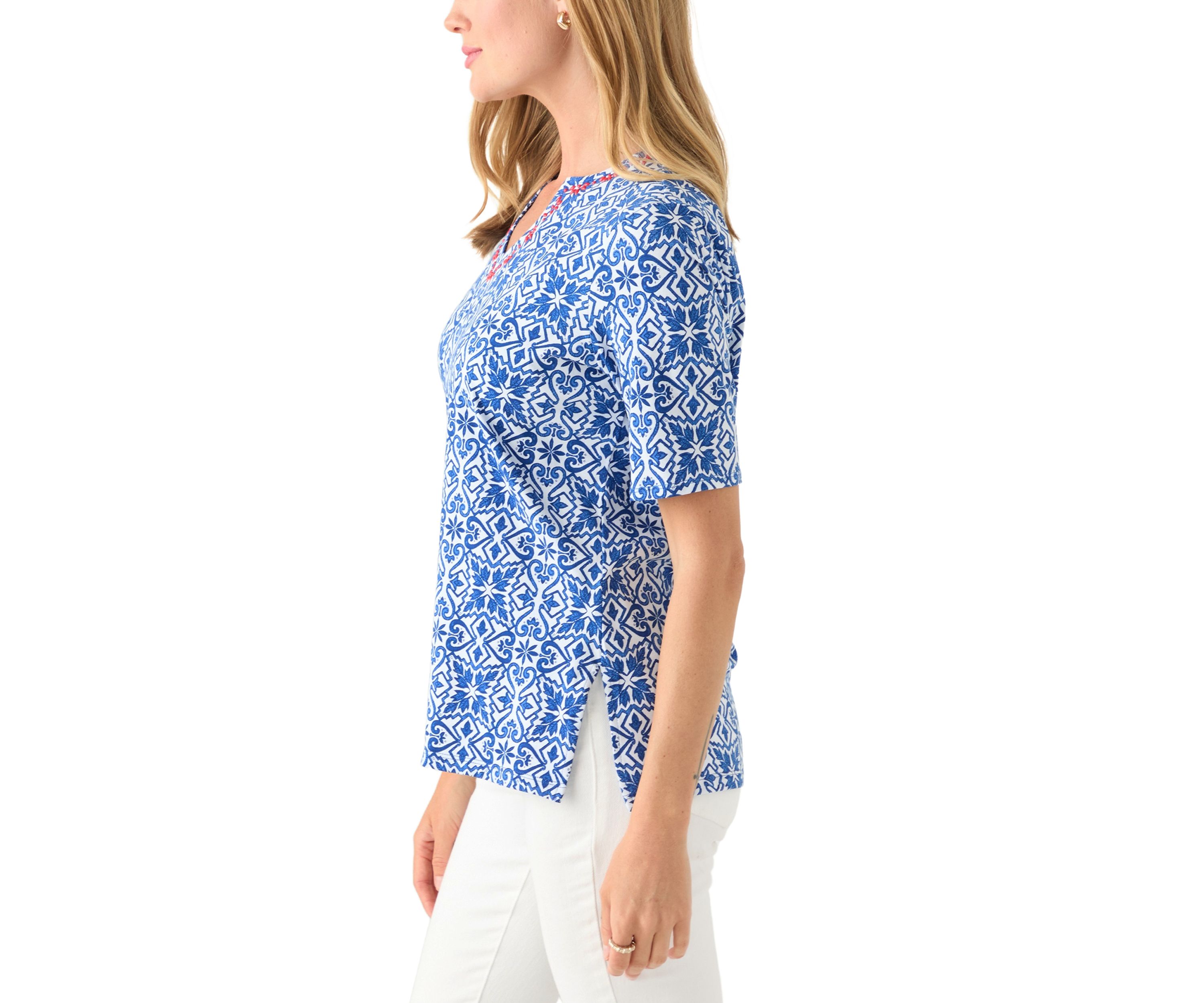 Petite Embellished Split Neck Top